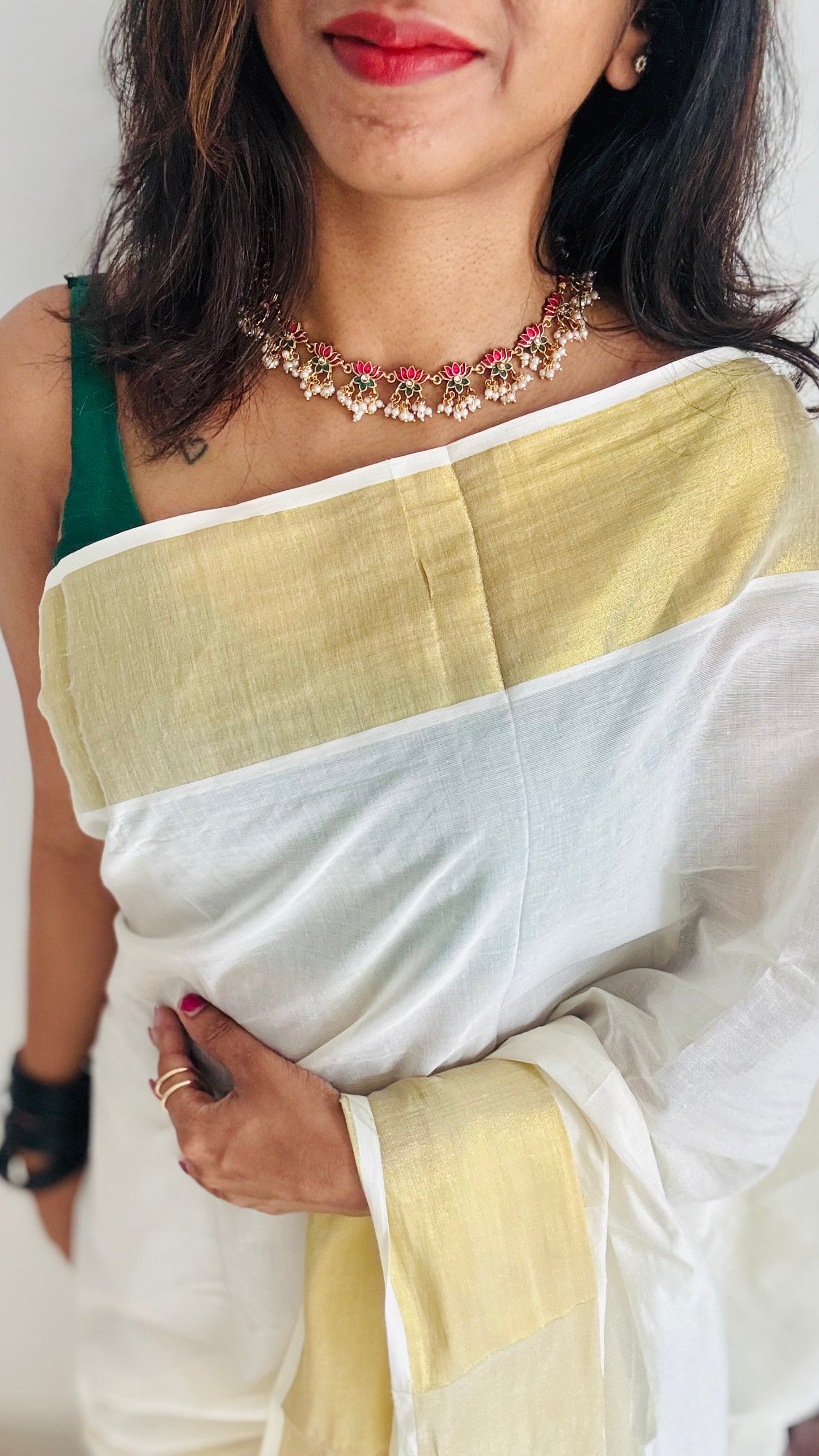 Pink and green lotus with pearl drops and earrings - YCAGC113