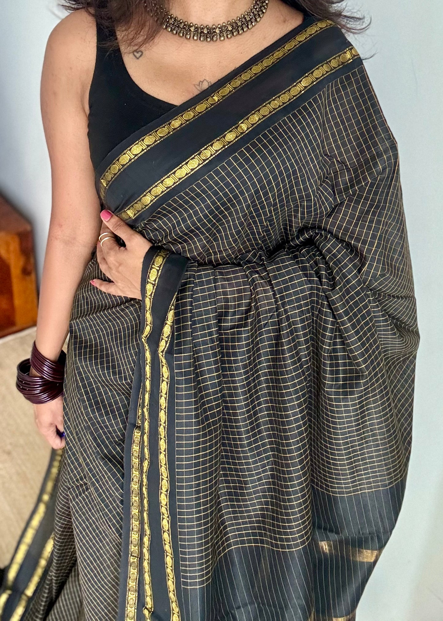 Black, arani checks, cotton silk - YCCOTNJUAR16