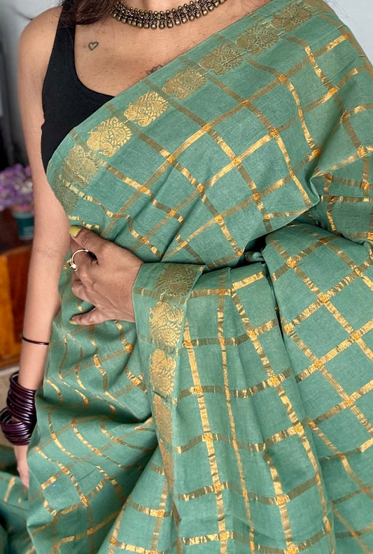 Mint green pavithra kattam kattuchayam dyed madurai cotton saree - YCCOTNMSFE125