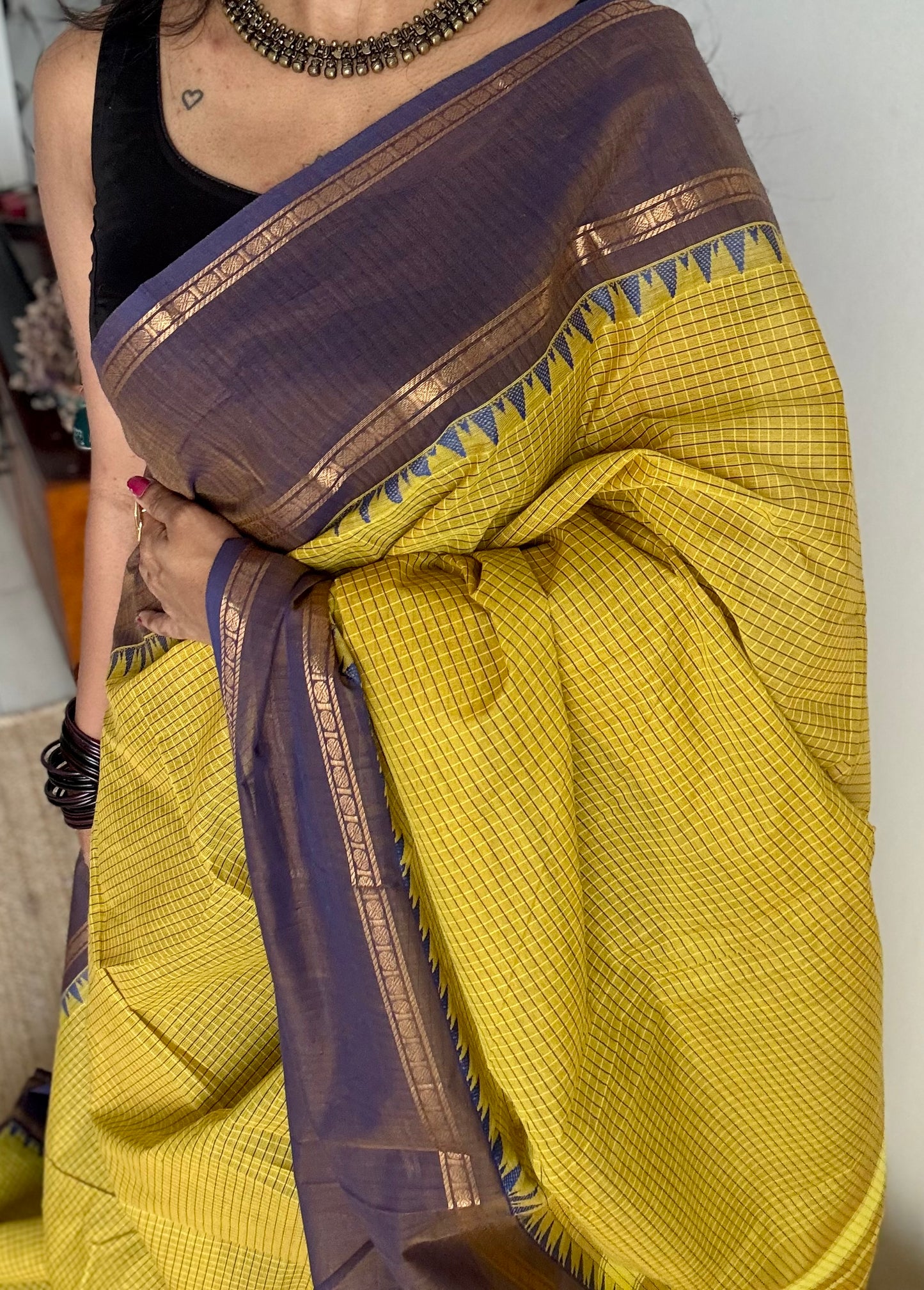 Ginger green with deep purple border, temple motifs, checkered body, kanchi cotton - YCCOTNOCKC28