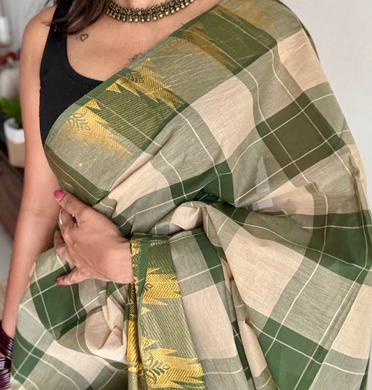 Chettinad cotton saree with cream and dark green checks, temple motif border - YCCOTNAP57