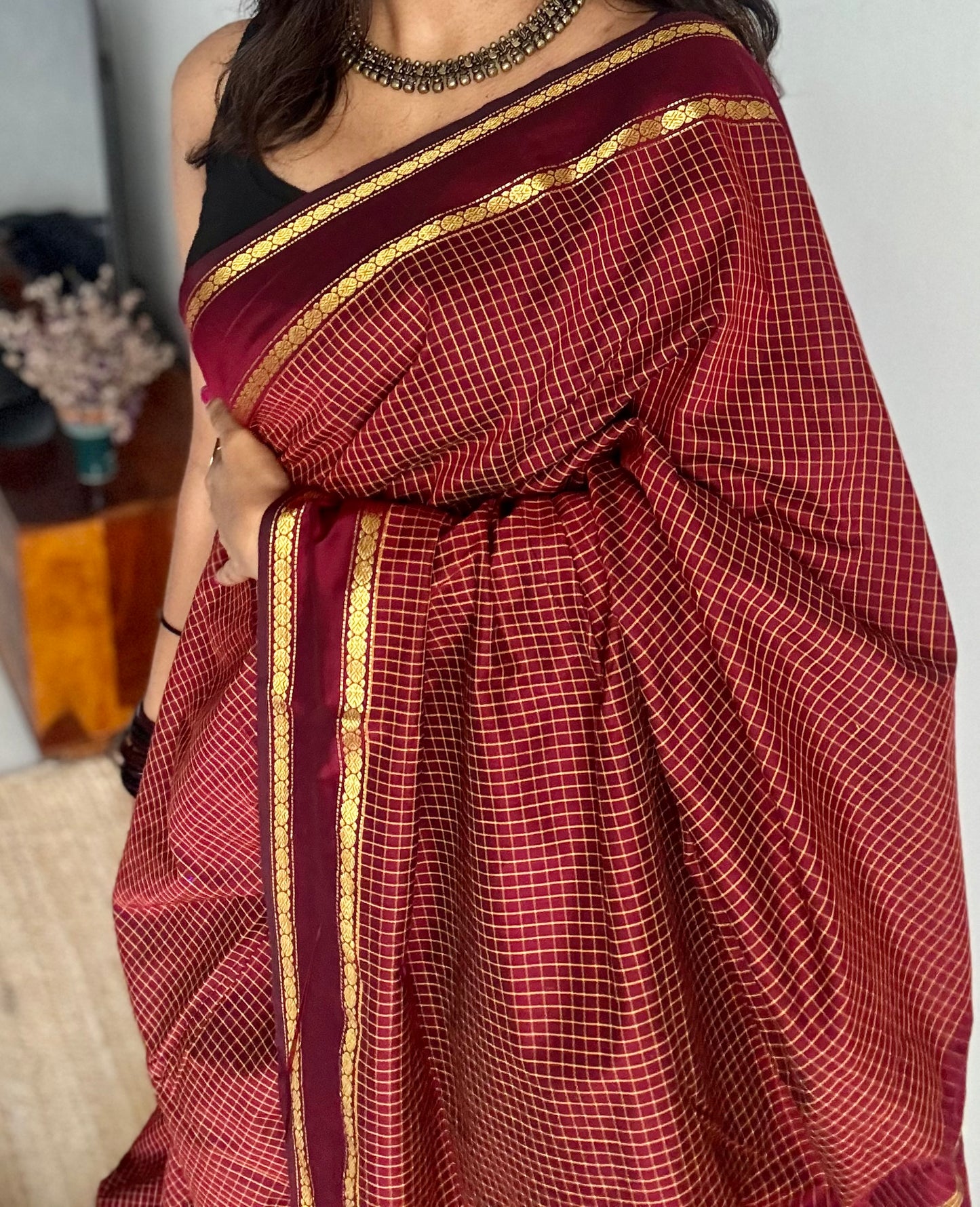 Maroonish brown, arani checks, cotton silk - YCCOTNOCAR07