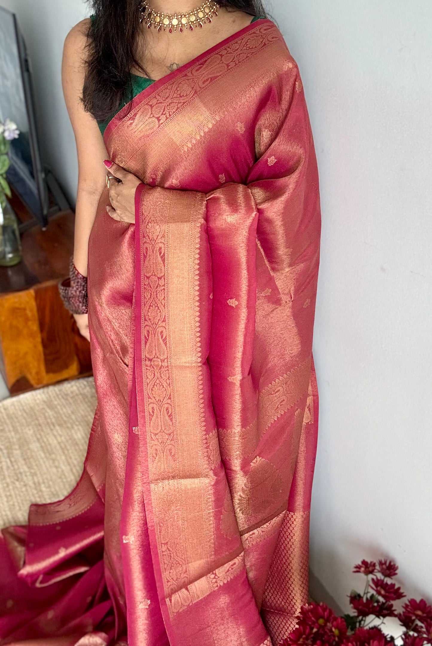 Red with gold dual tone, Banarasi tissue silk - YCDESE06