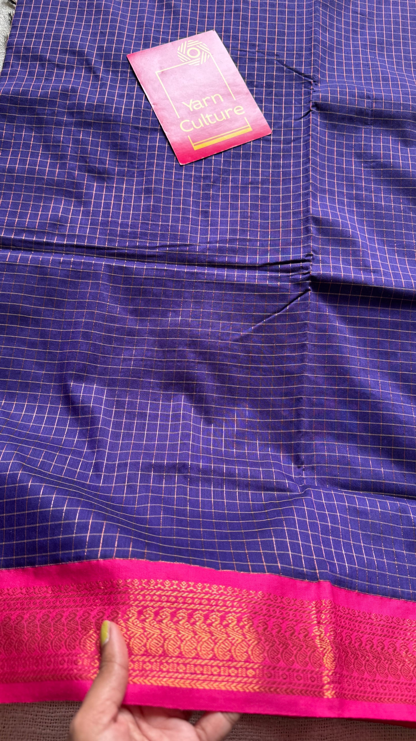 Navy blue with pink, checks - cotton silk - YCCOTNSEKCS13