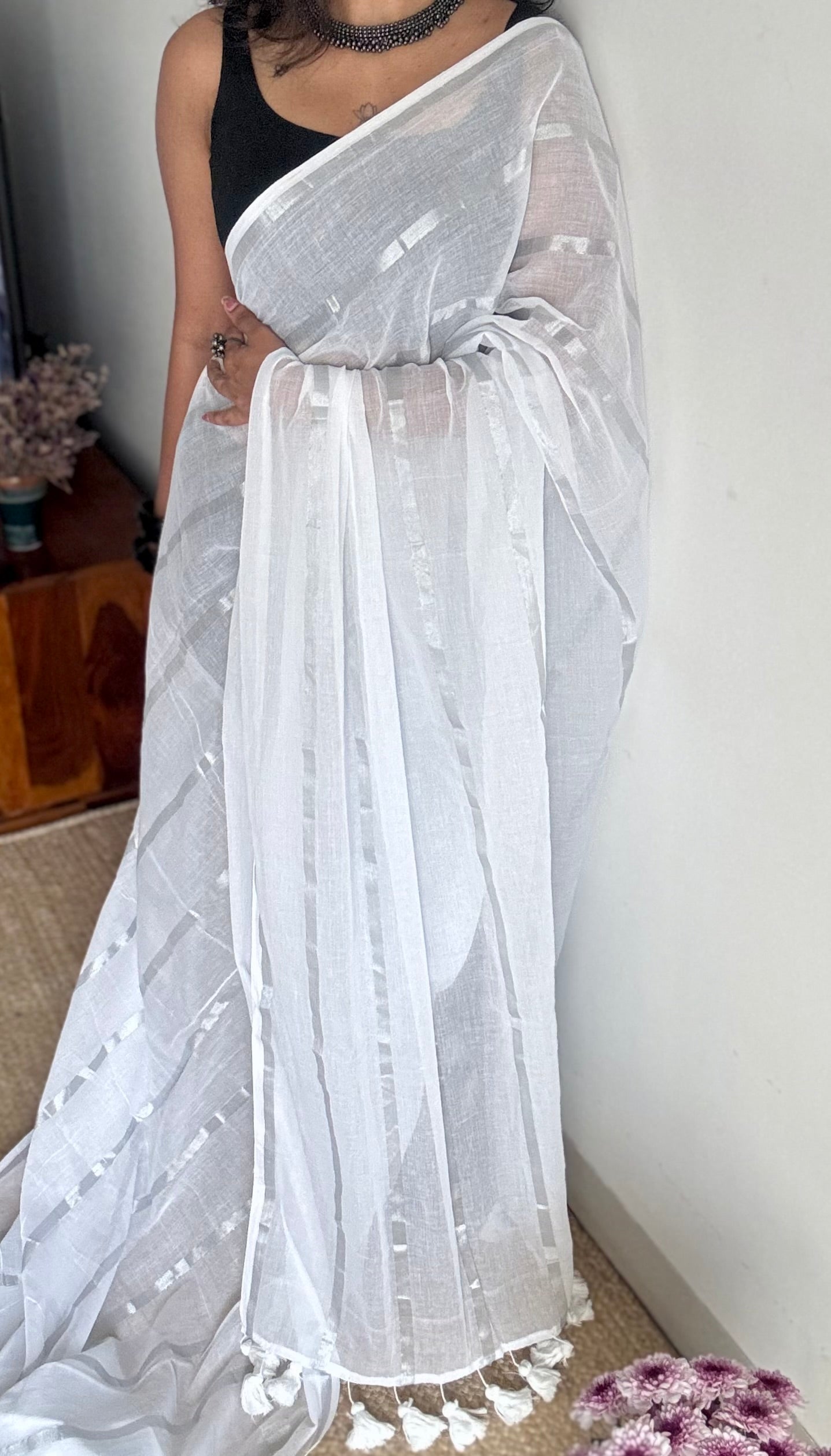 Sugar Cloud - white with silver zari stripes, mul cotton - YCBCJULMS02