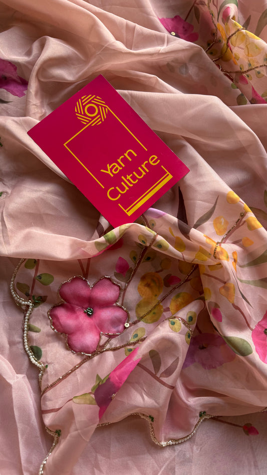 Peach Bloom - peach floral handworked sequins work, tabby silk - YCDOSNO49