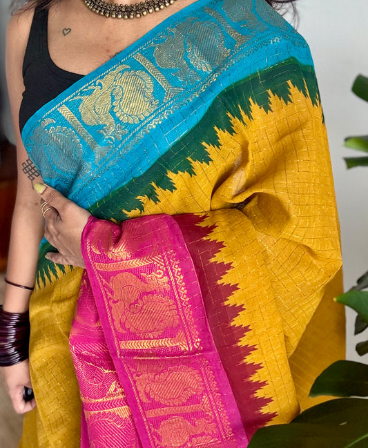 Sungudi cotton checks, mustard yellow base, blue and hot pink dual tone border, soft cotton - YCCOTNMSSE10