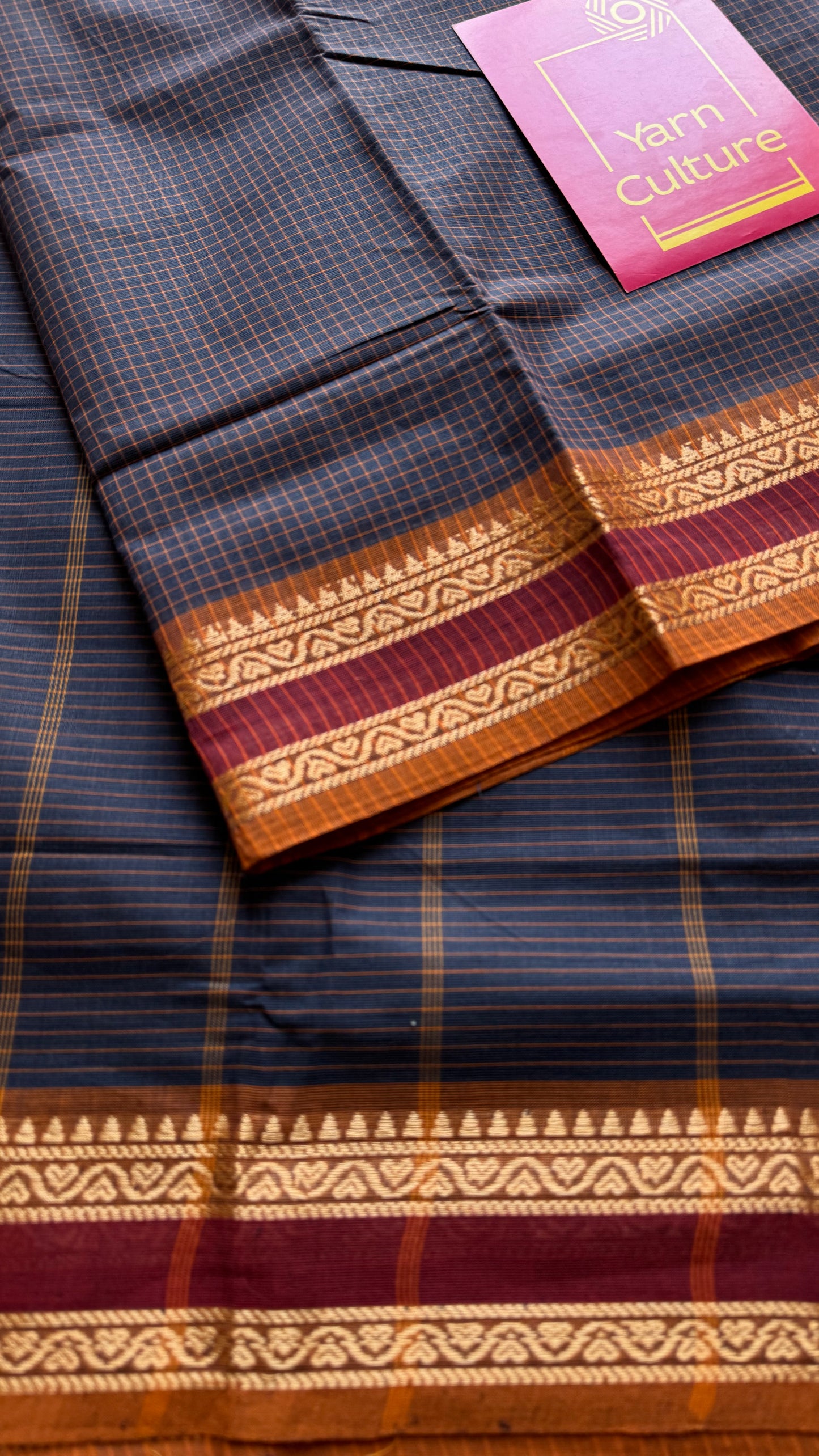 Dark grey Chettinad cotton saree with yellow mini checks - YCCOTNCCFE143