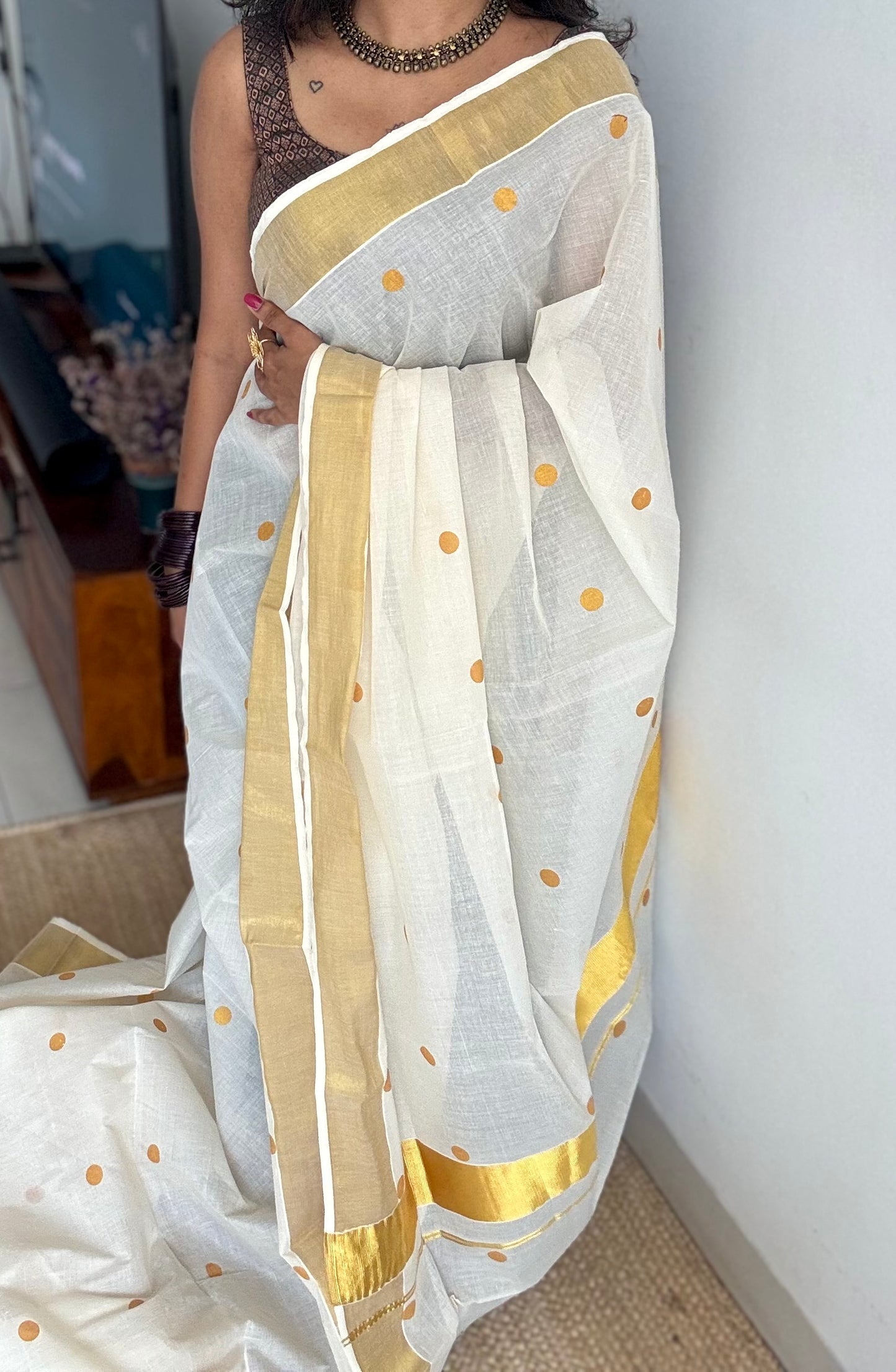 Ivory and gold with buttas, kerala soft cotton - YCON25KCPD253