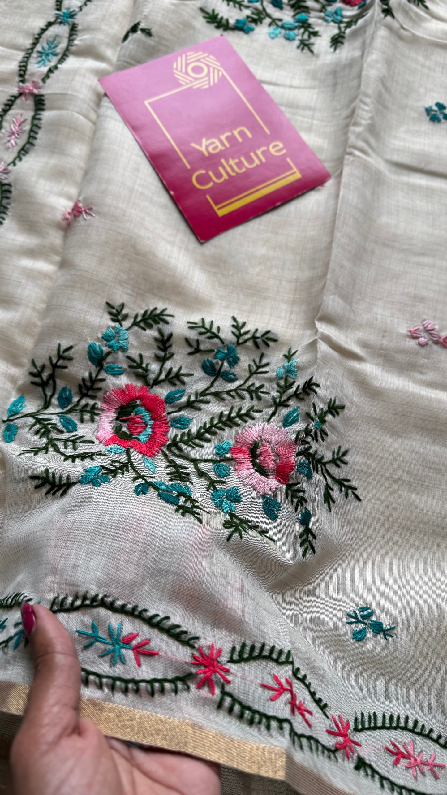 Ivory maheshwari cotton silk blend with pink and blue floral kantha threadwork - YCBLJULMK01
