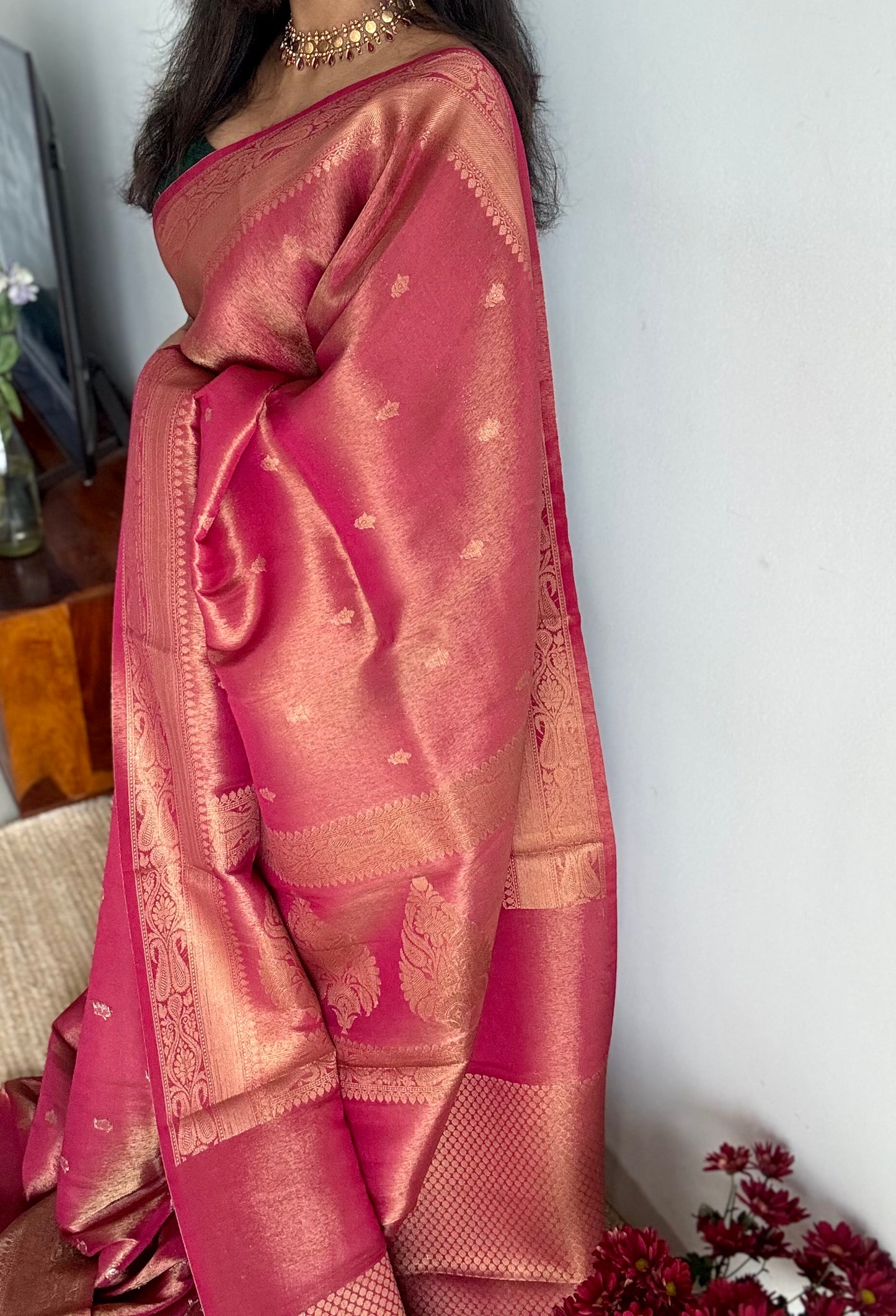 Red with gold dual tone, Banarasi tissue silk - YCDESE06