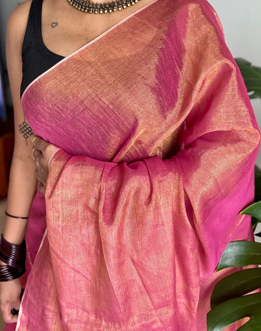Rani pink with gold, dual tone metallic tissue linen saree - YCBCLTOC55