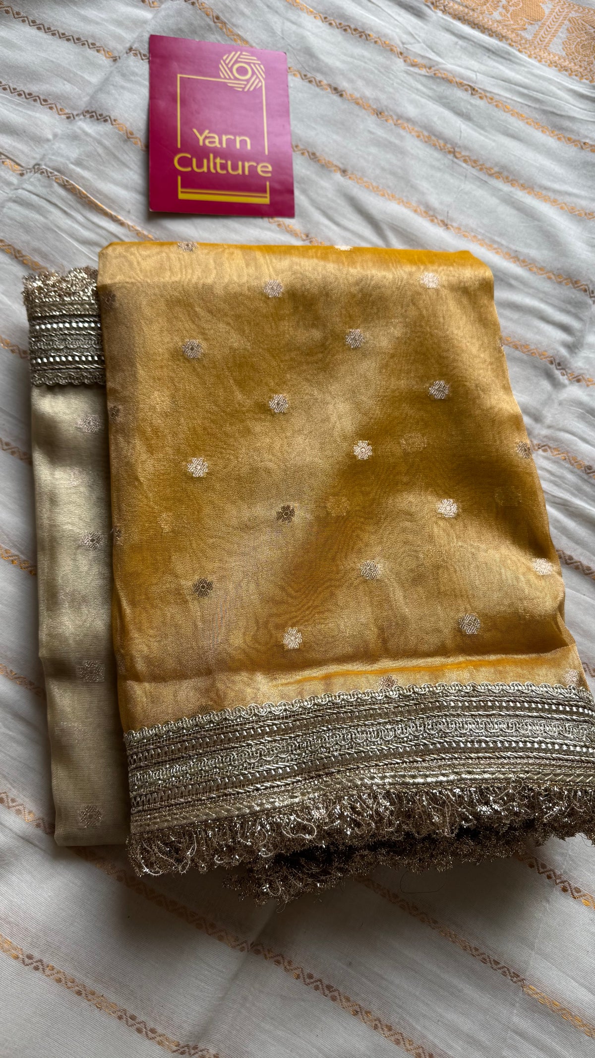 Light gold and dark gold Banarasi tissue saree, with buttas and embellished lace border - YCBLTOC65