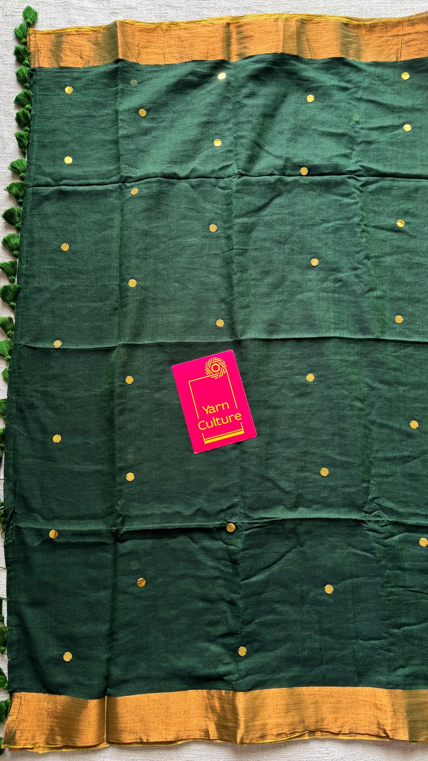 Dark green mul with sequins and copper zari border - YCBCMCLSE08