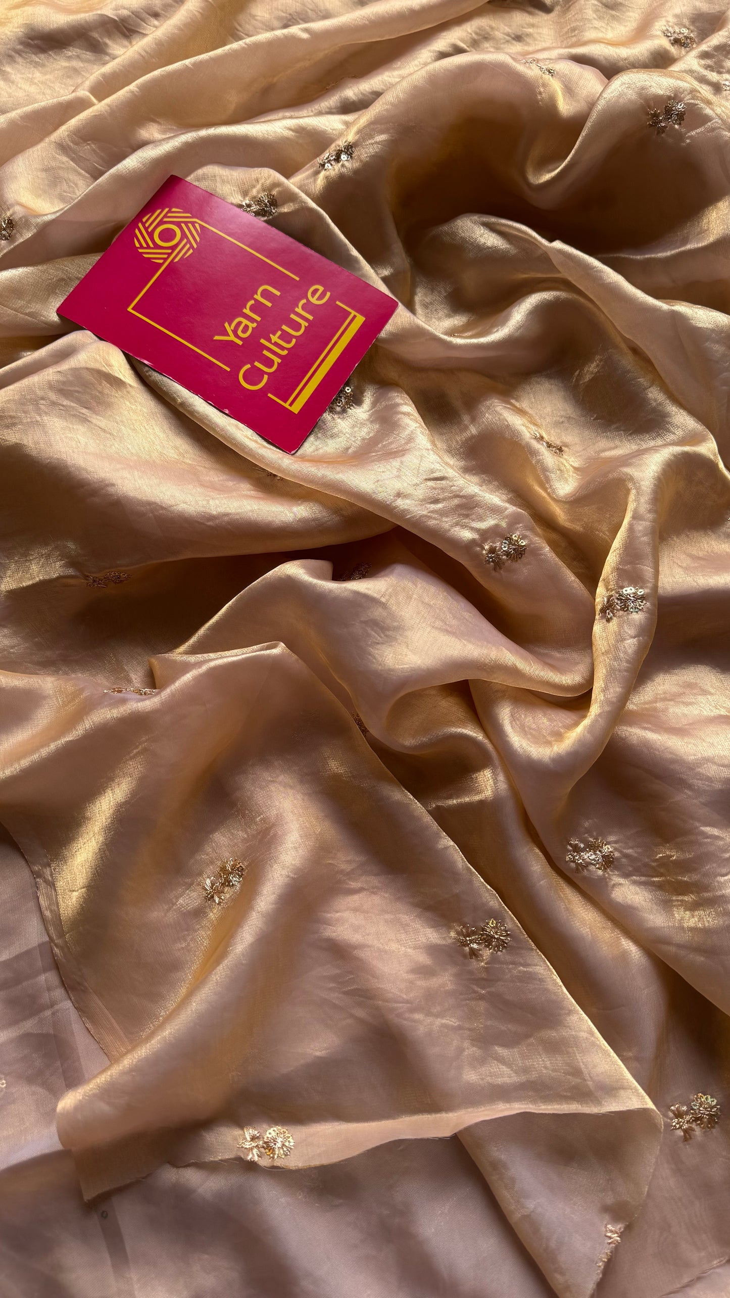Light gold with a hint of pink, fendy satin with sequin work, contrast maroon blouse - YCDOSFE12