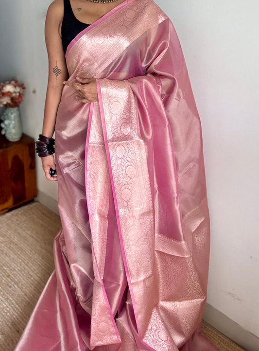 Pink tissue Banarasi saree with zari border - YCBLTOC90