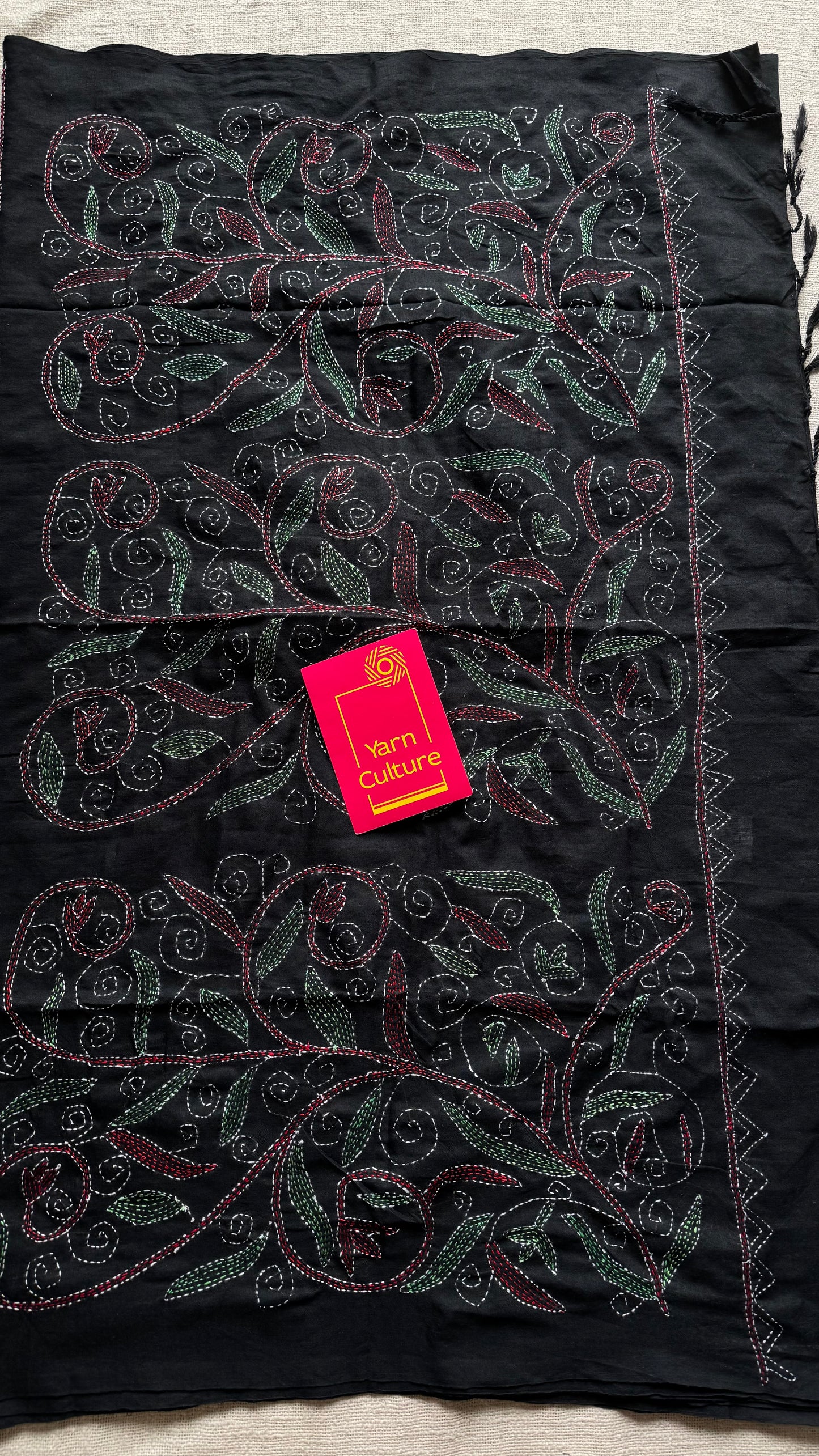 Kaaj Kaalo (কাজ কালো) - Embroidered Black, kantha weave in soft khadi cotton - YCBCSEKC08