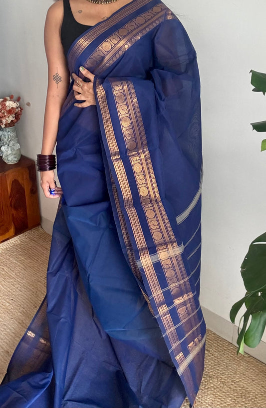 Blue with gap zari border, kanchi cotton saree - YCCOTNCCOC119