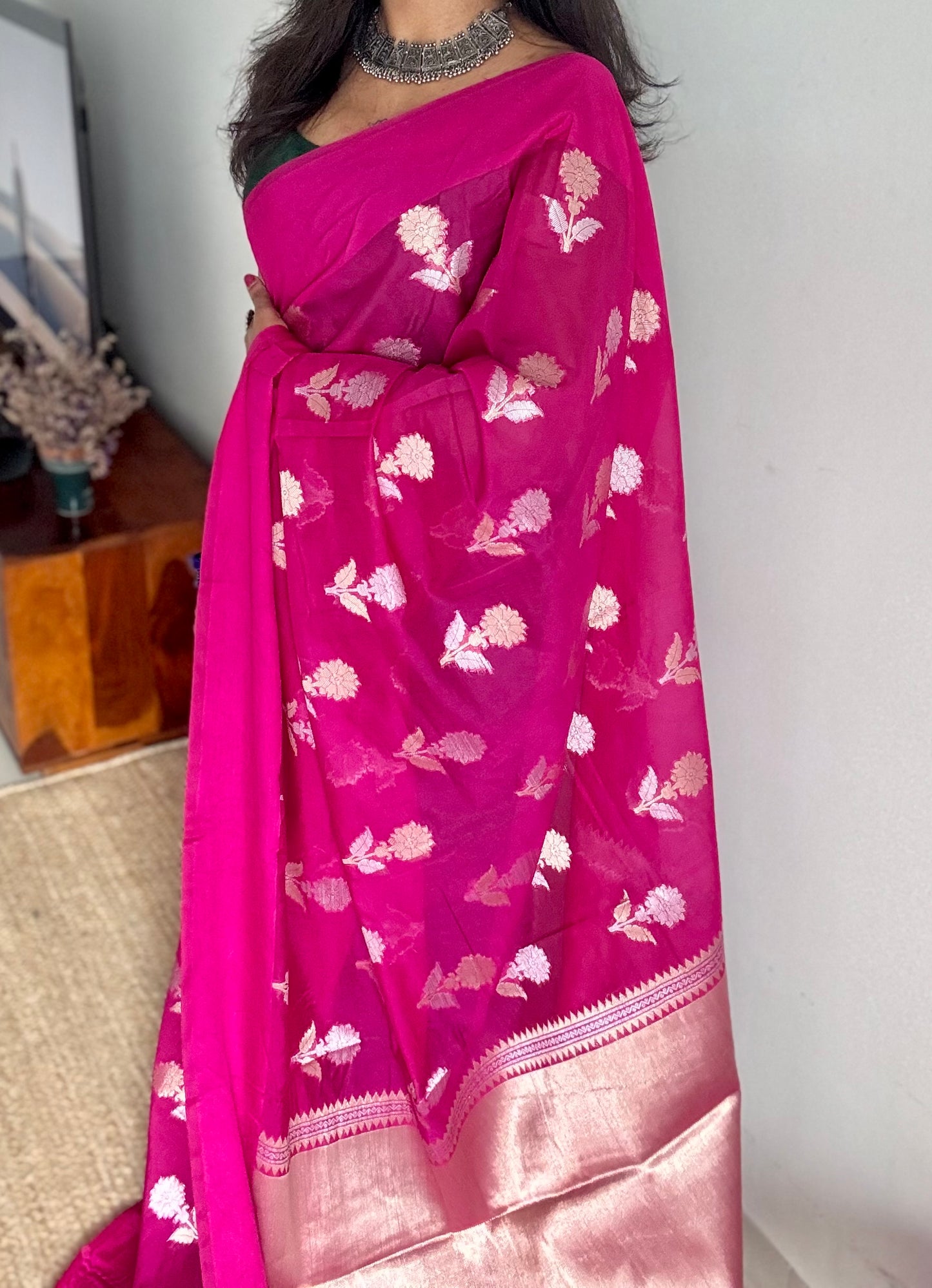 Rani pink with gold and silver floral buttas, Banarasi semi-crepe silk - YCDESE51