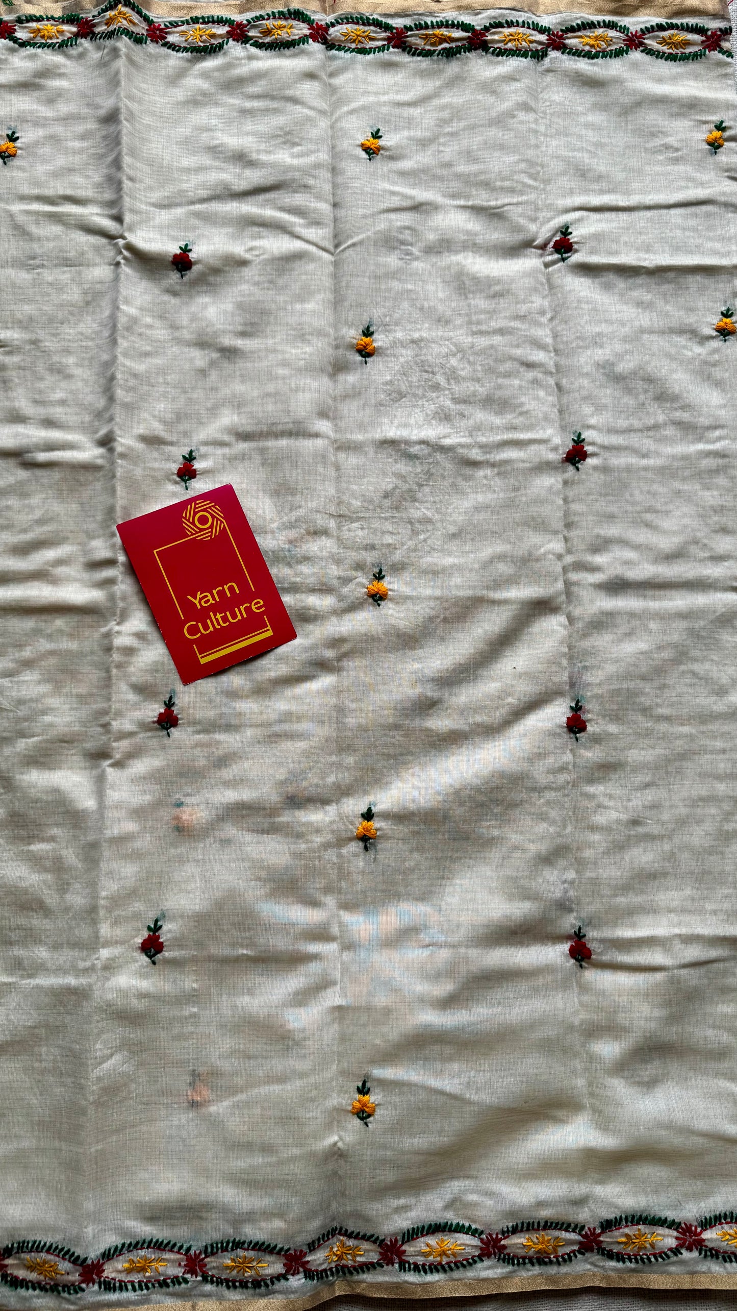 Ivory maheshwari cotton silk blend with red and yellow floral kantha threadwork - YCBLAUMK12