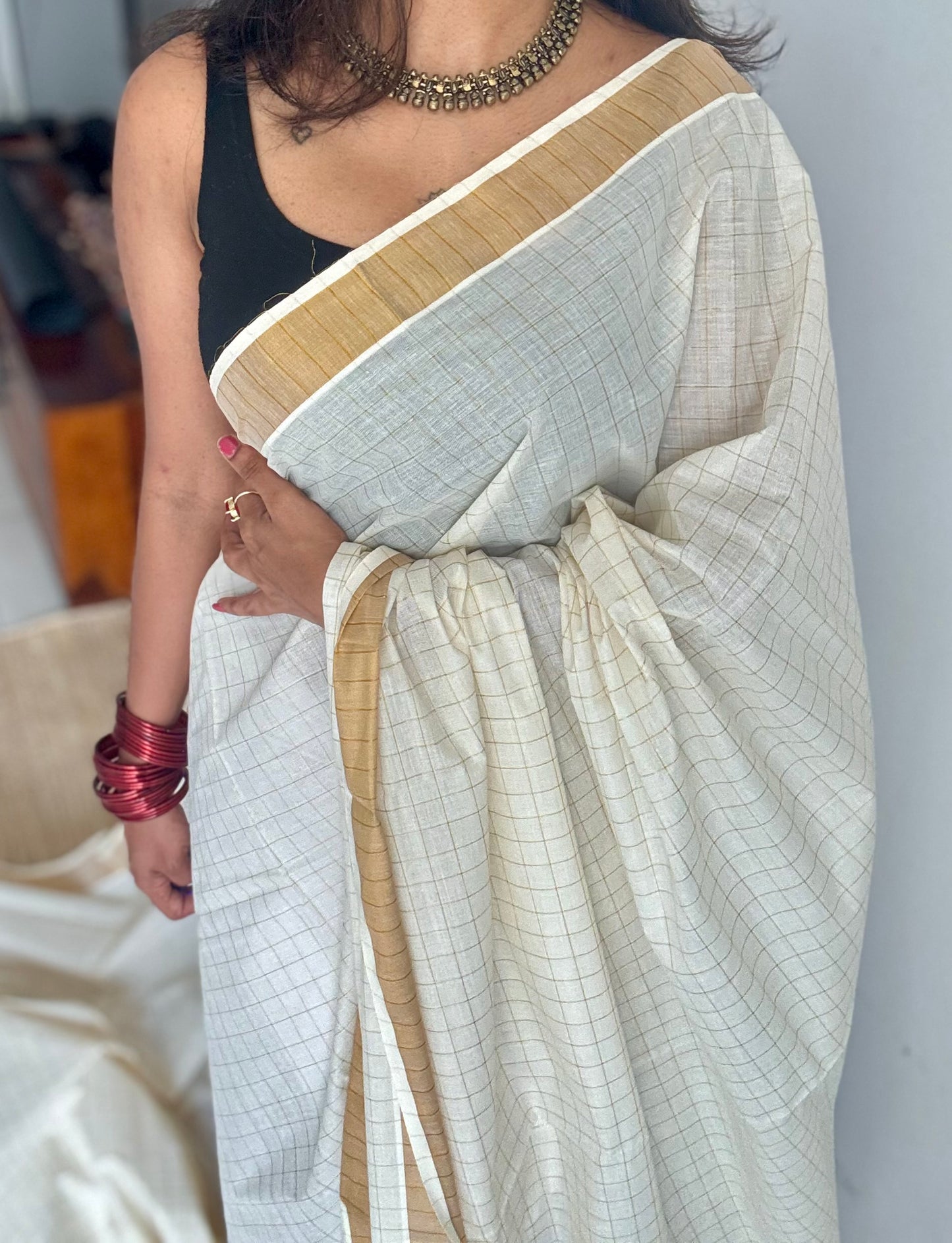 Ivory and gold checks, kerala soft cotton - YCON25MC269