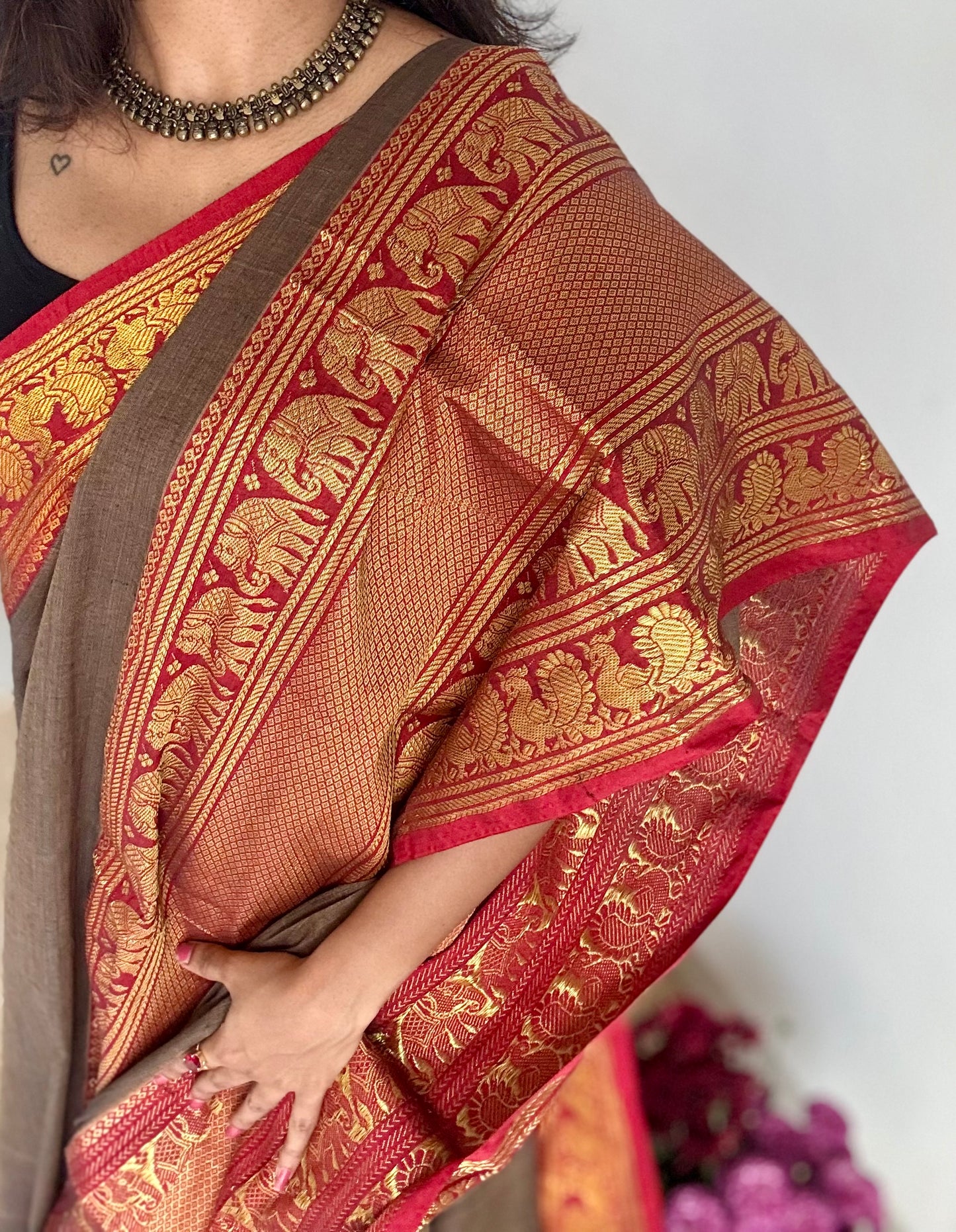 Warm grey with broad zari border, premium narayanpet, soft cotton - YCWOTDFEBB01