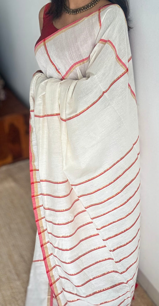 Cream with red and gold stripes, soft cotton silk - YCBCDP16