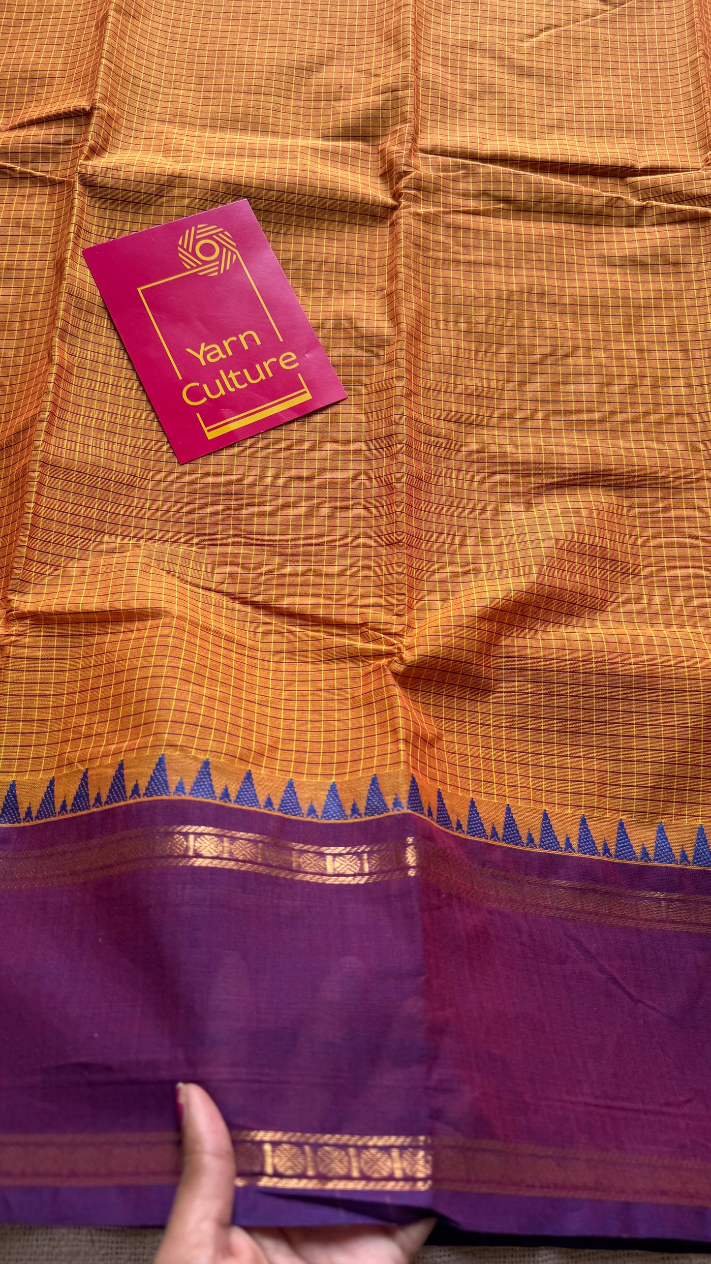 Orange with purple border, temple motifs, checkered body, kanchi cotton - YCCOTNOCKC26
