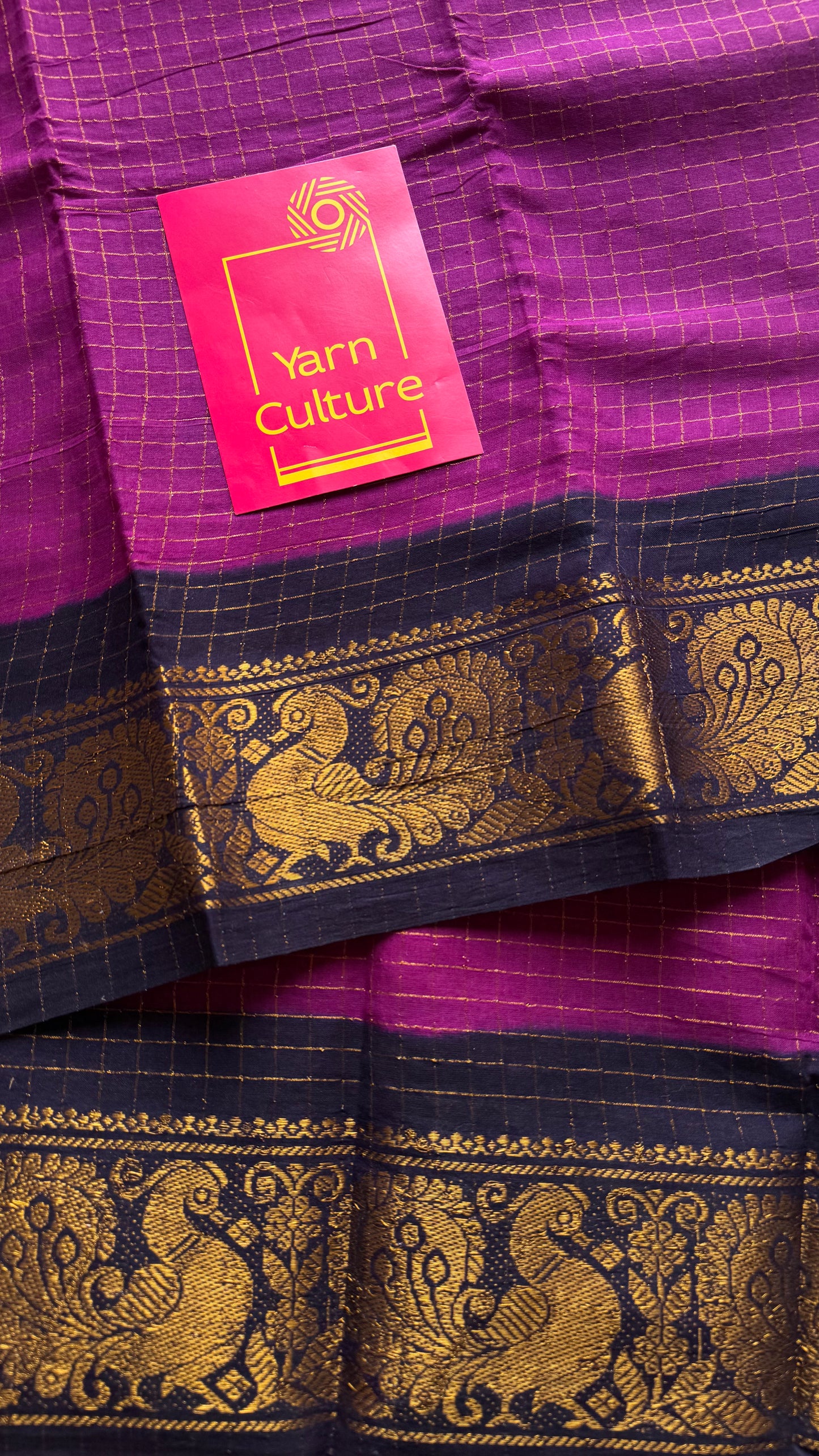 Purple pink with dark blue checkered sungudi, madurai cotton - YCCOTNOCSC21