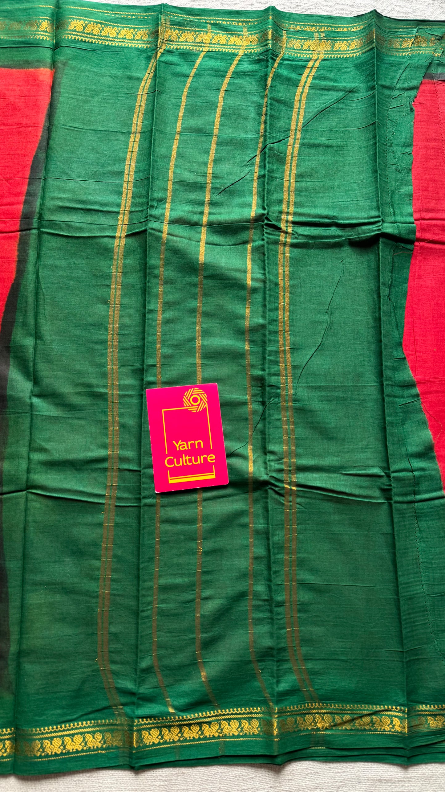 Red with green border sungudi, kattuchayam dyed, madurai cotton - YCCOTNSEMS101