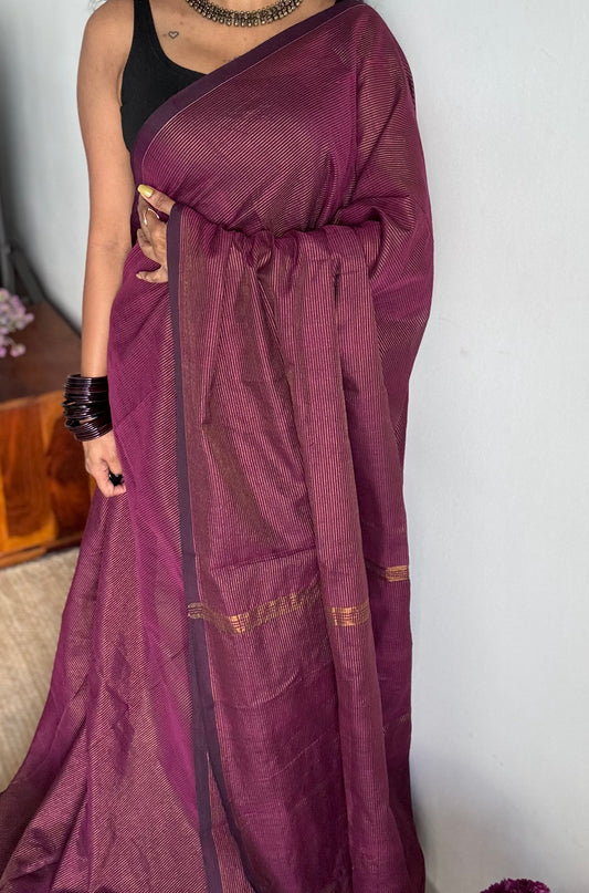 Dark wine, gold zari stripes, soft cotton - YCBCKCZDE108