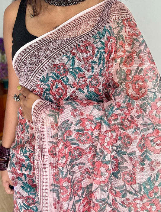 Peach Sharbat - peach floral kota doria saree - YCTORKDAP02