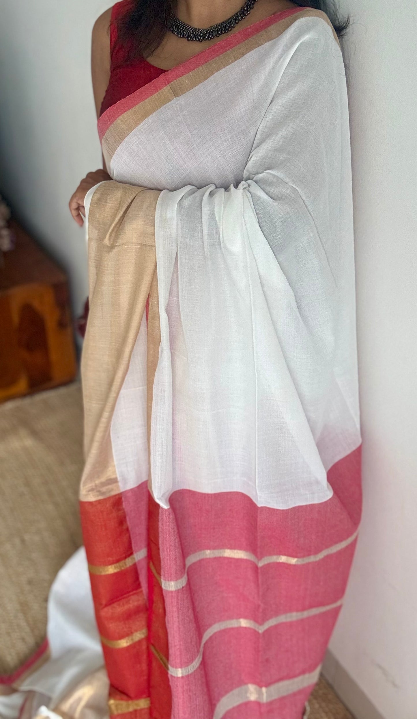 White with gold zari border, soft cotton - YCBCDP12