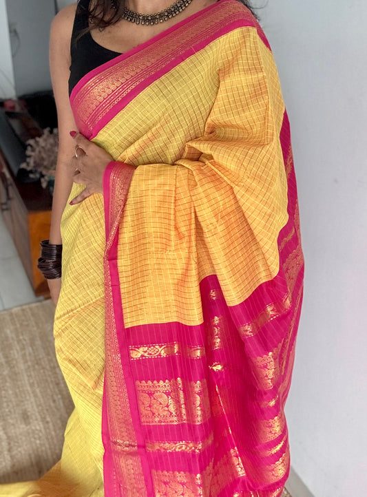 Yellow with hot pink, checks - cotton silk - YCCOTNOCKC44