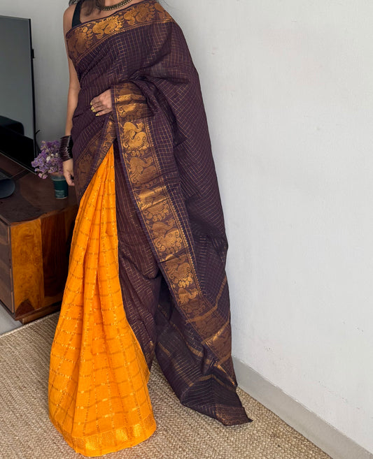 Purple brown with yellow, sungudi cotton half-half saree - YCCOTNMSFE351