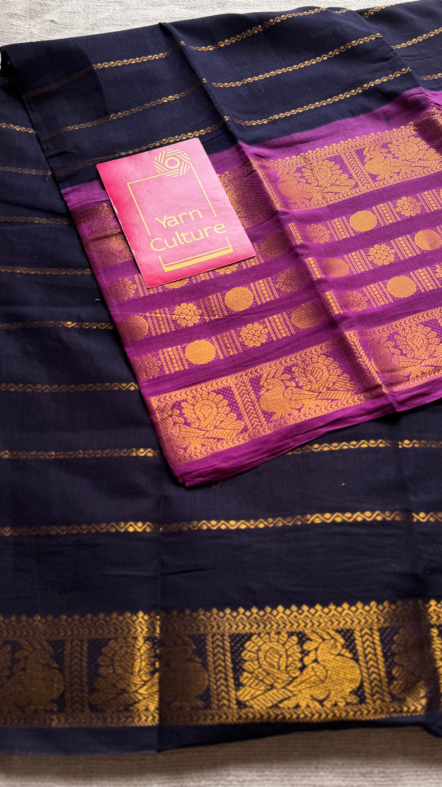 Dark blue with purple pink (vadamalli), peacock rudraksham motif, single side broad zari - madurai kattuchayam dyed - YCCOTNAURS18