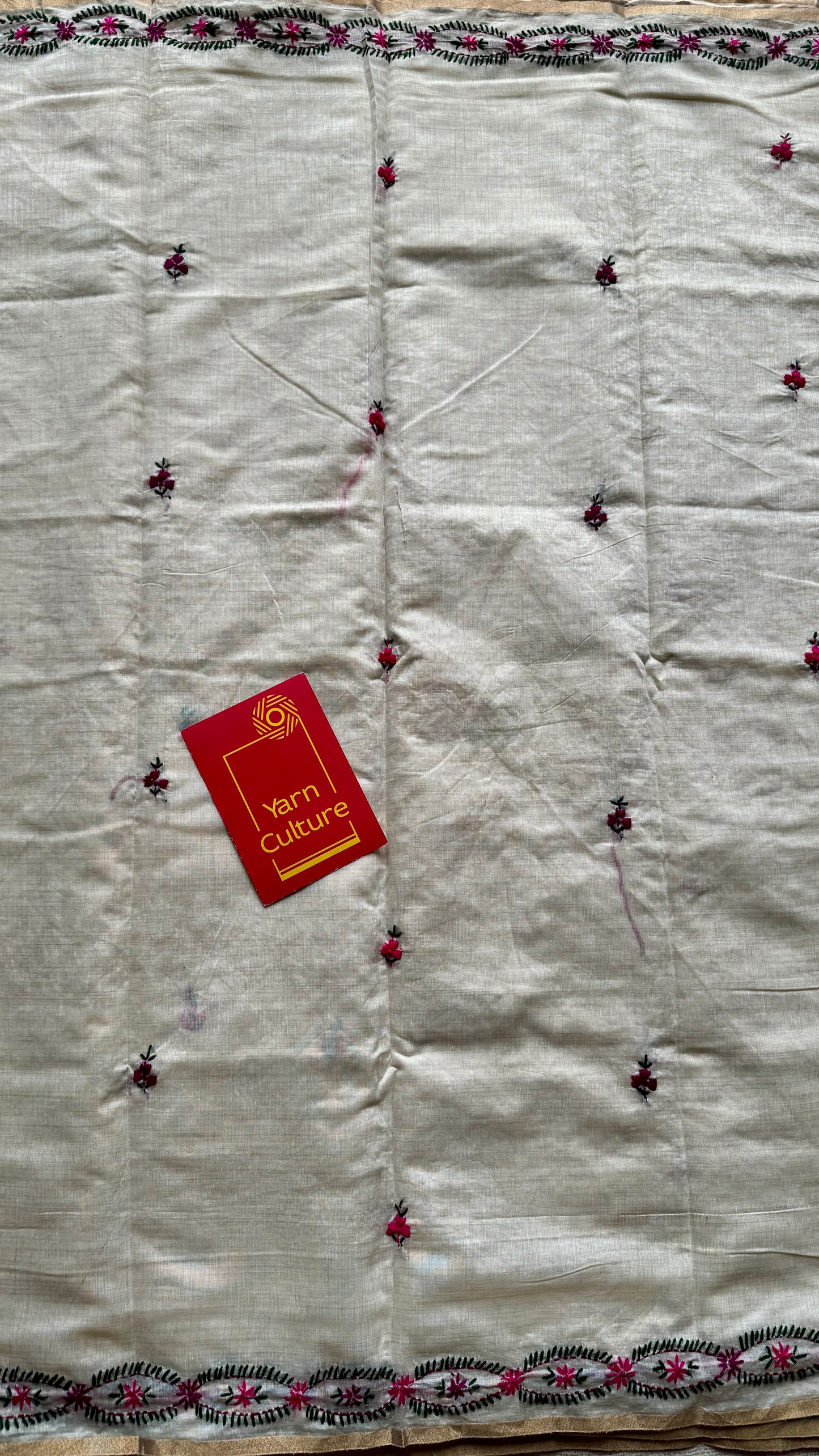 Ivory maheshwari cotton silk blend with purple and magenta floral kantha threadwork - YCBLAUMK08