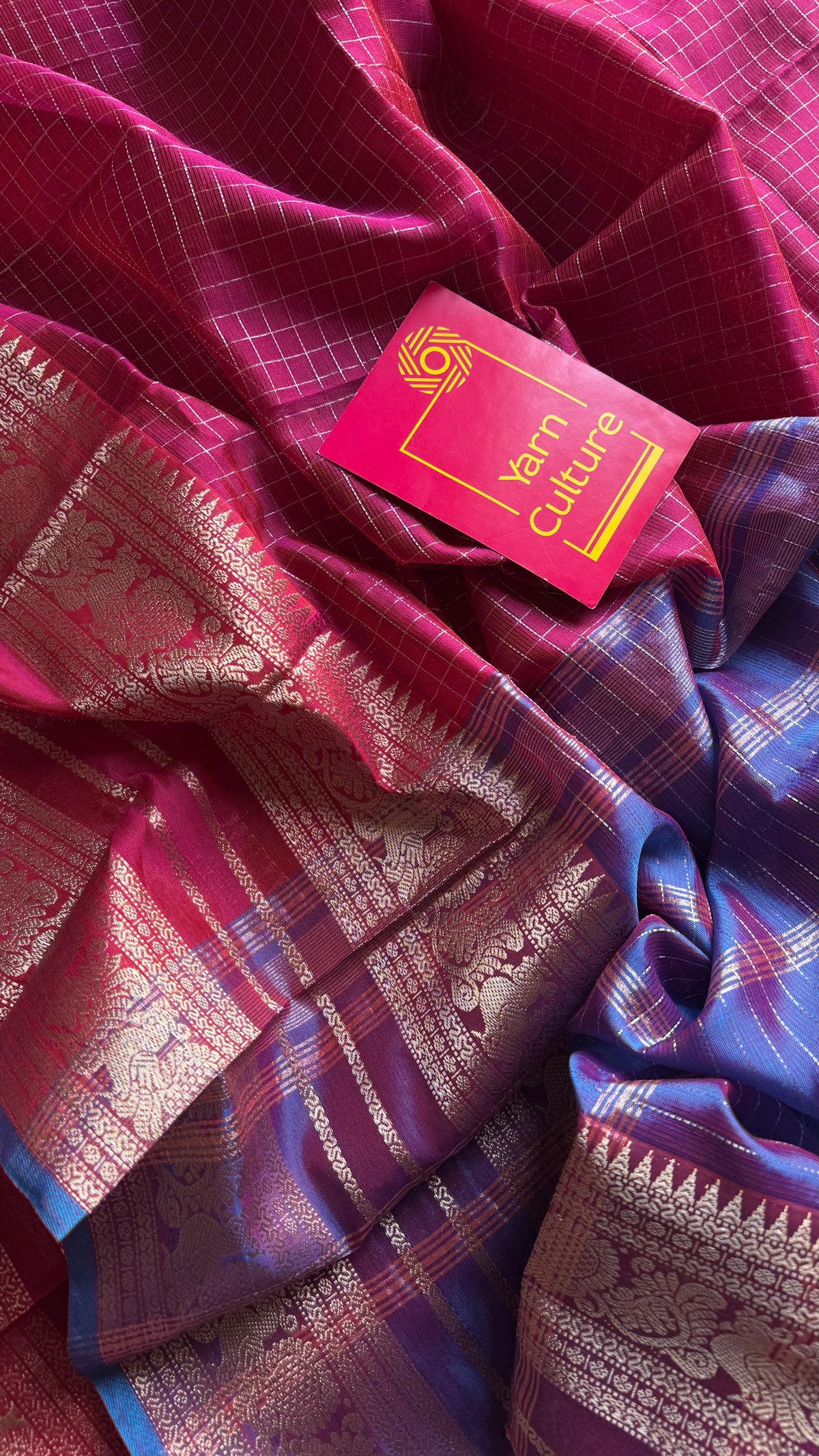 Dark berry pink with blue silver zari checks, silver and gold peacock woven zari border, mangalgiri silk cotton, handwoven, soft, light weight - YCWOTDMSCOC124