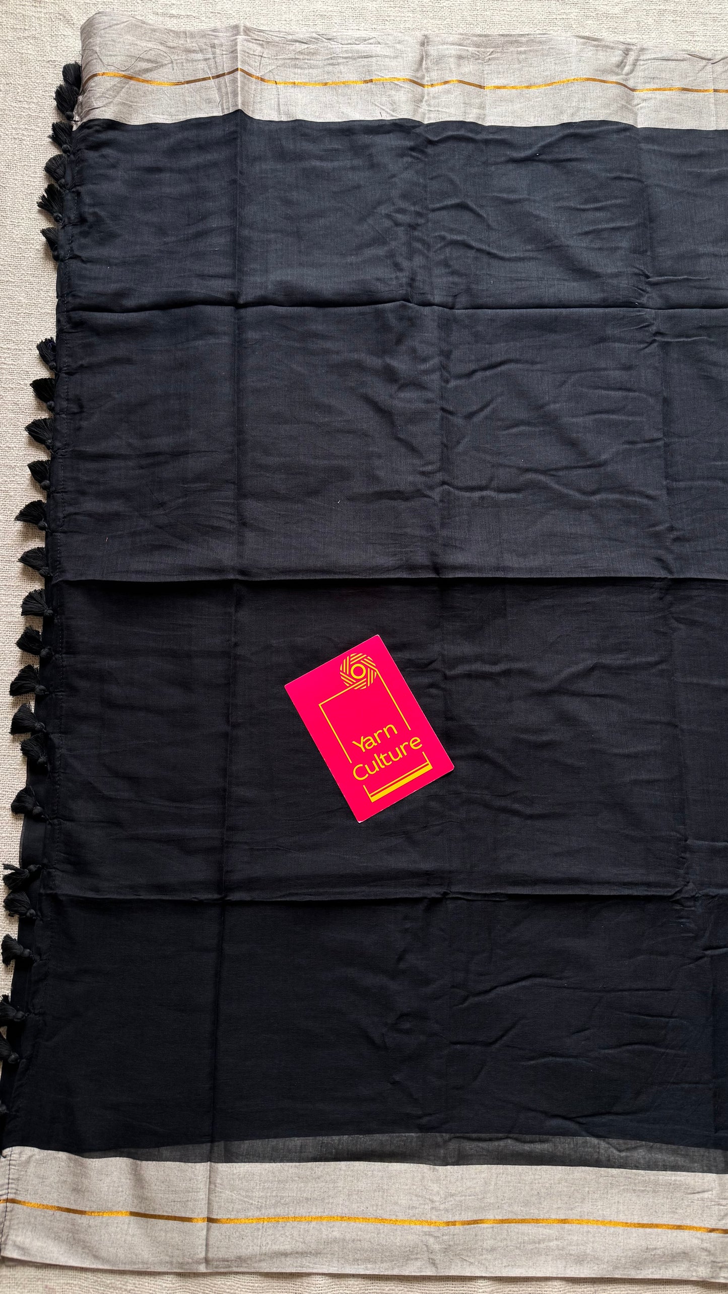 Black with grey border mul, thin antique gold zari gap border - YCBCMCLSE43
