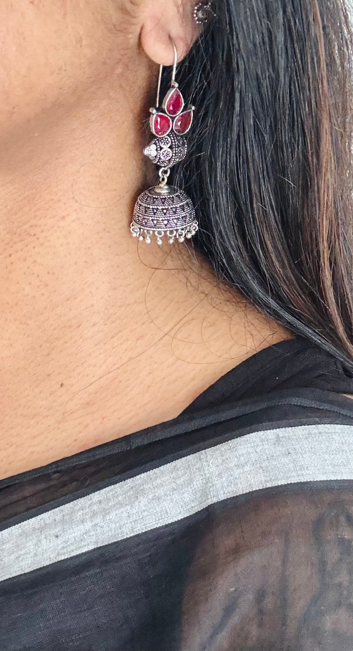 Oxidised silver hook earrings, red stone - YCOSED250