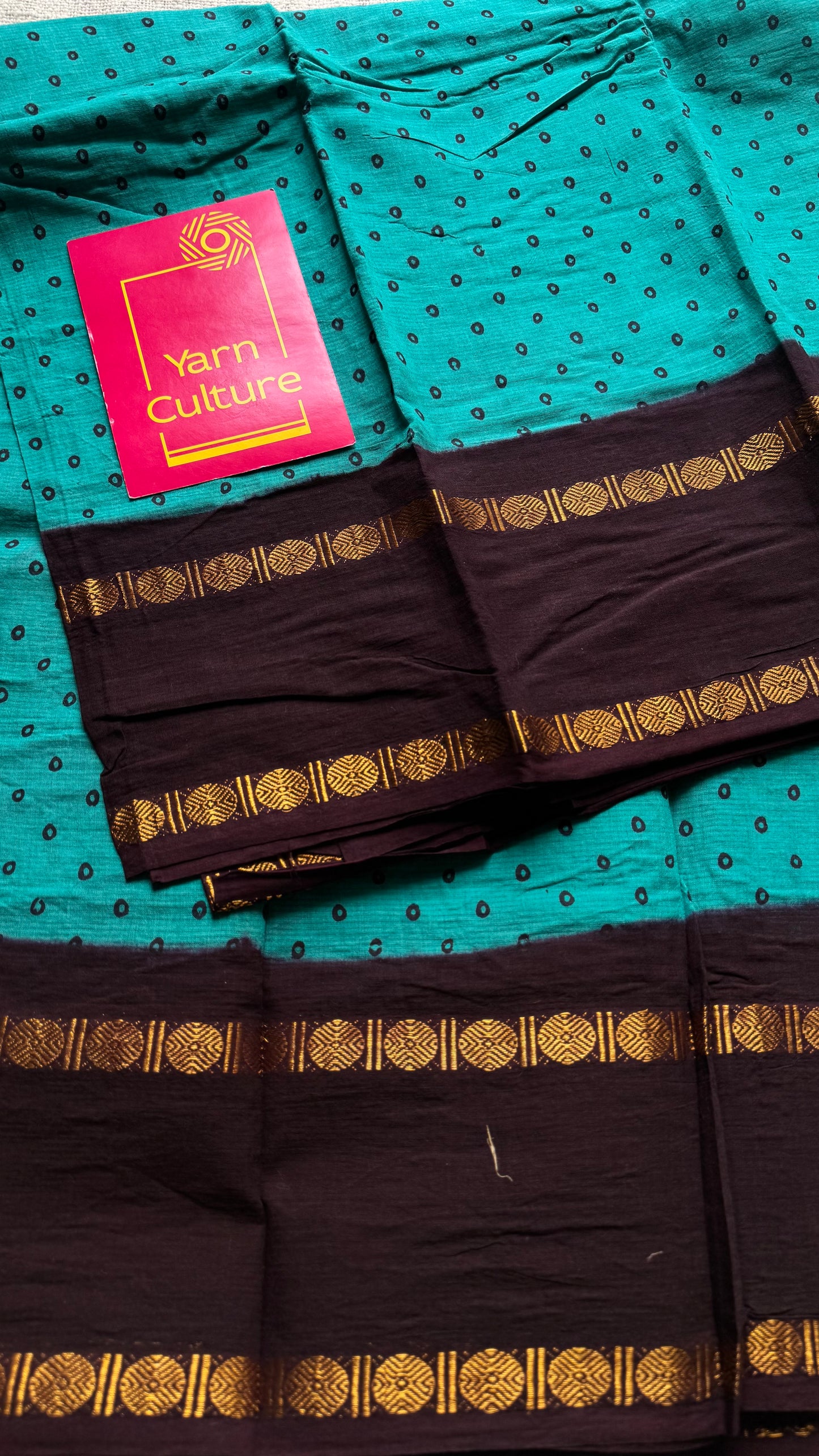 Turquoise with brown, sungudi motif and rudraksham border, madurai soft cotton - YCCOTNAUSC05