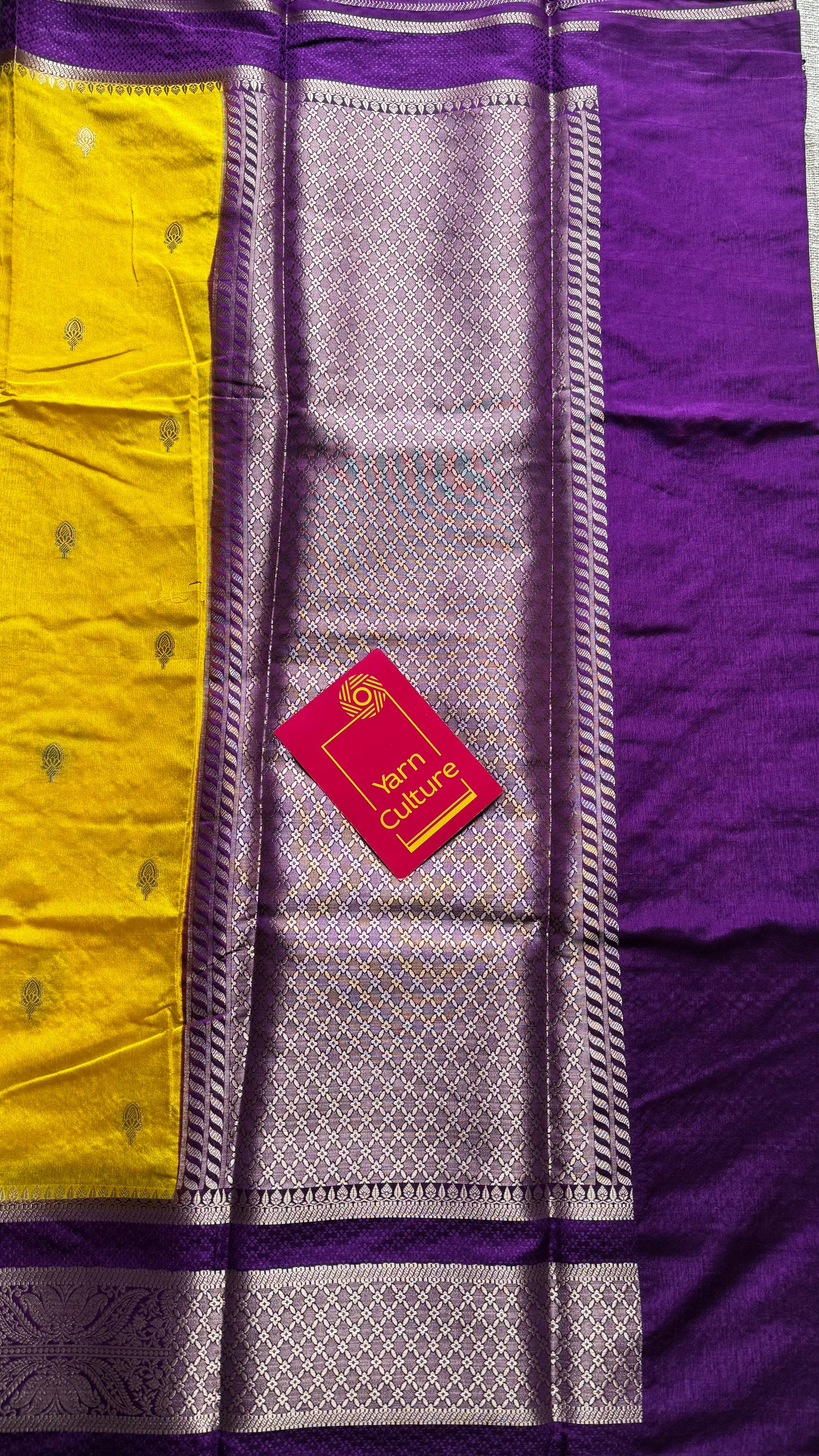Yellow with purple border, Banarasi semi-silk - YCDESE03