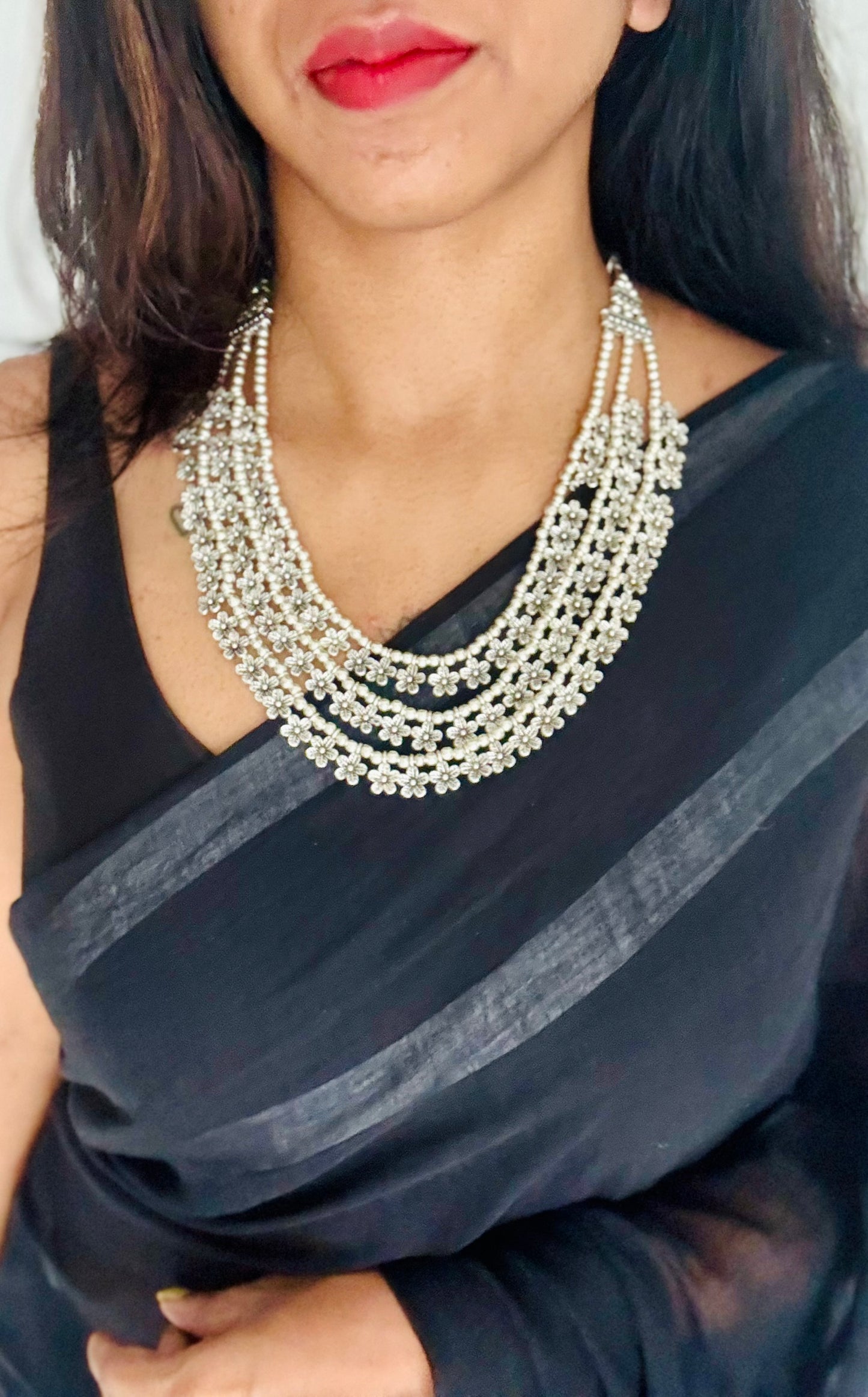 Three layered floral neckpiece, oxidised silver - YCOSNP309