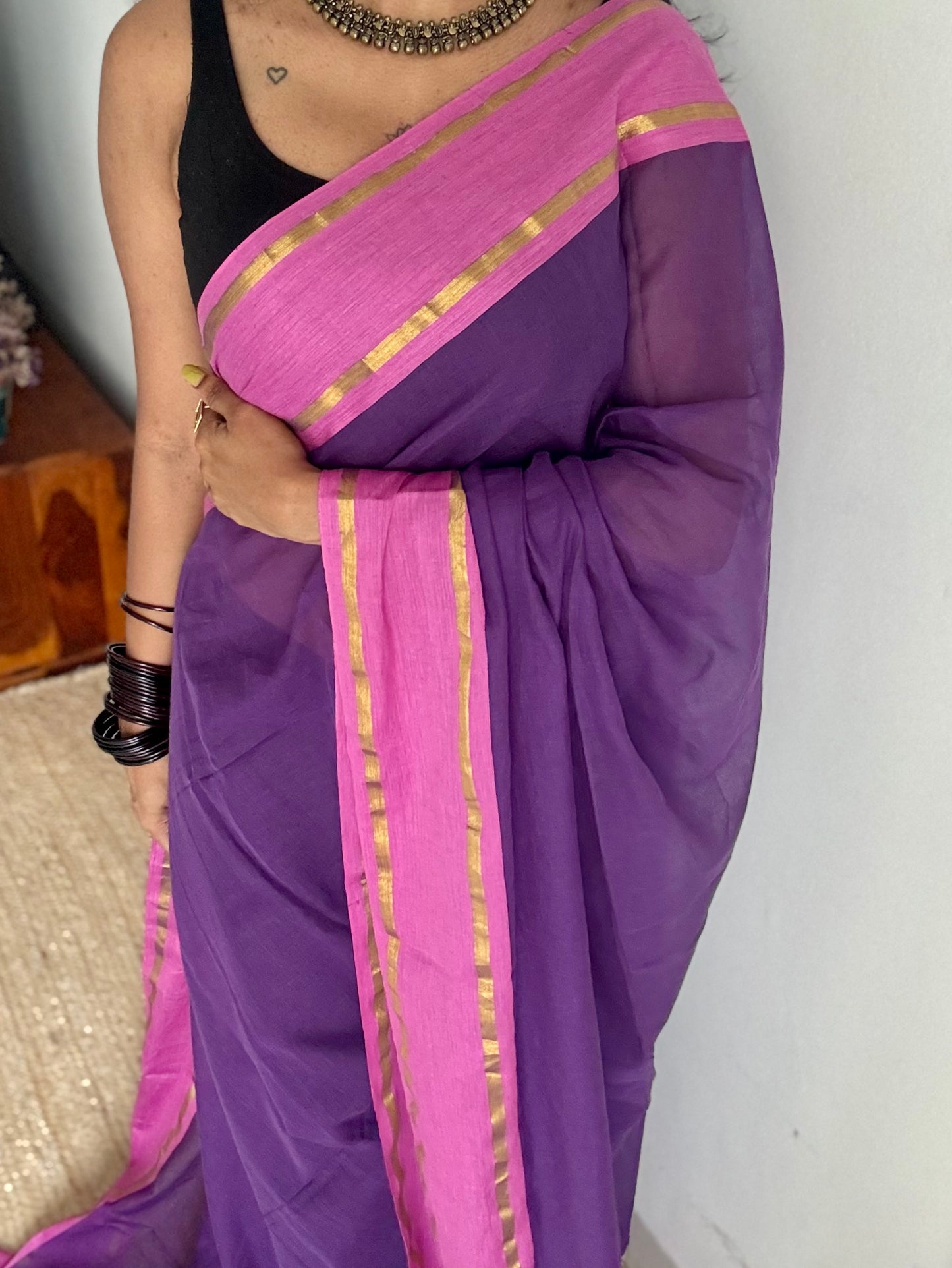 Purple mul with pink contrast border, gold zari - YCBCMCLSE22