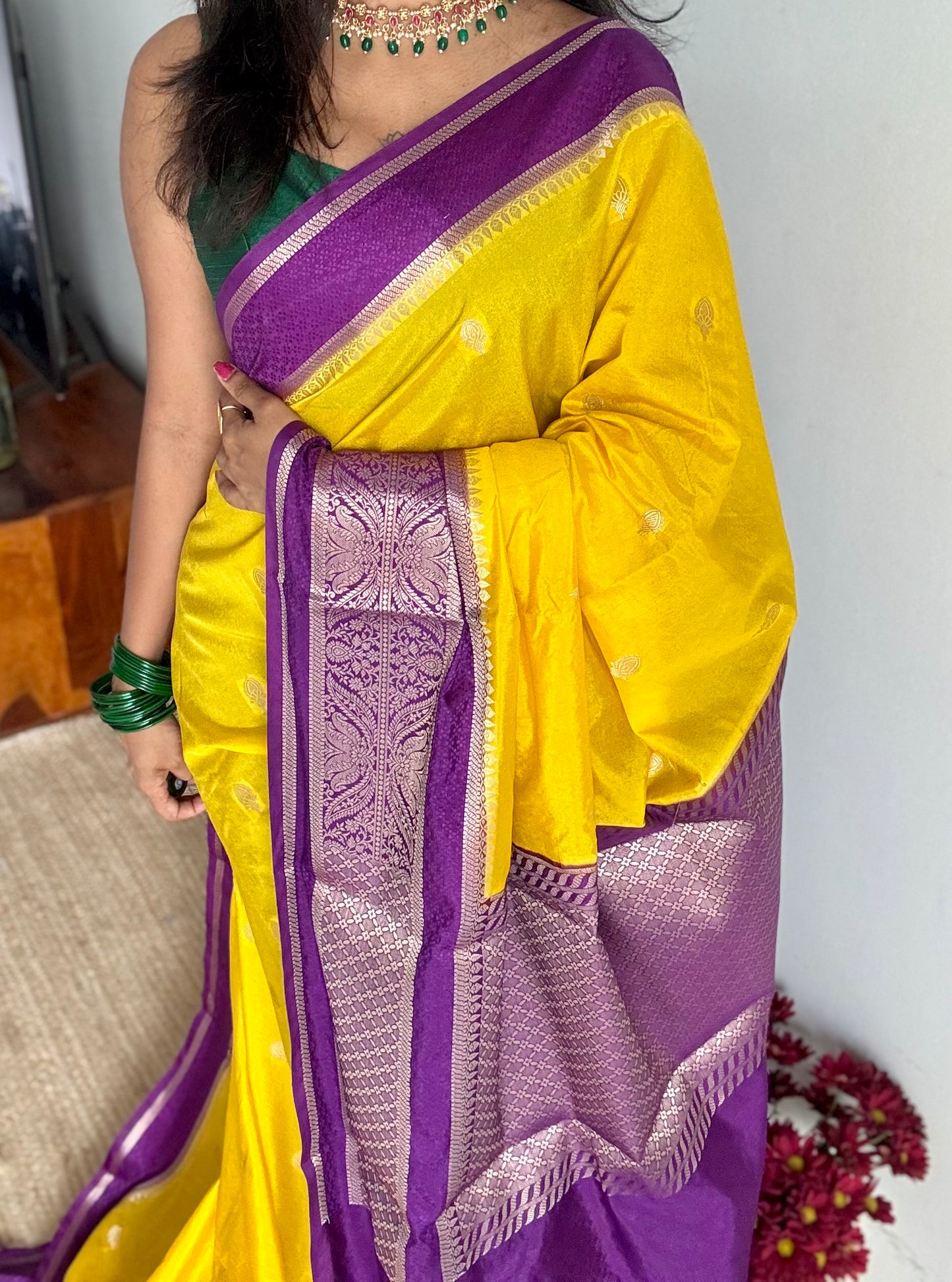 Yellow with purple border, Banarasi semi-silk - YCDESE03