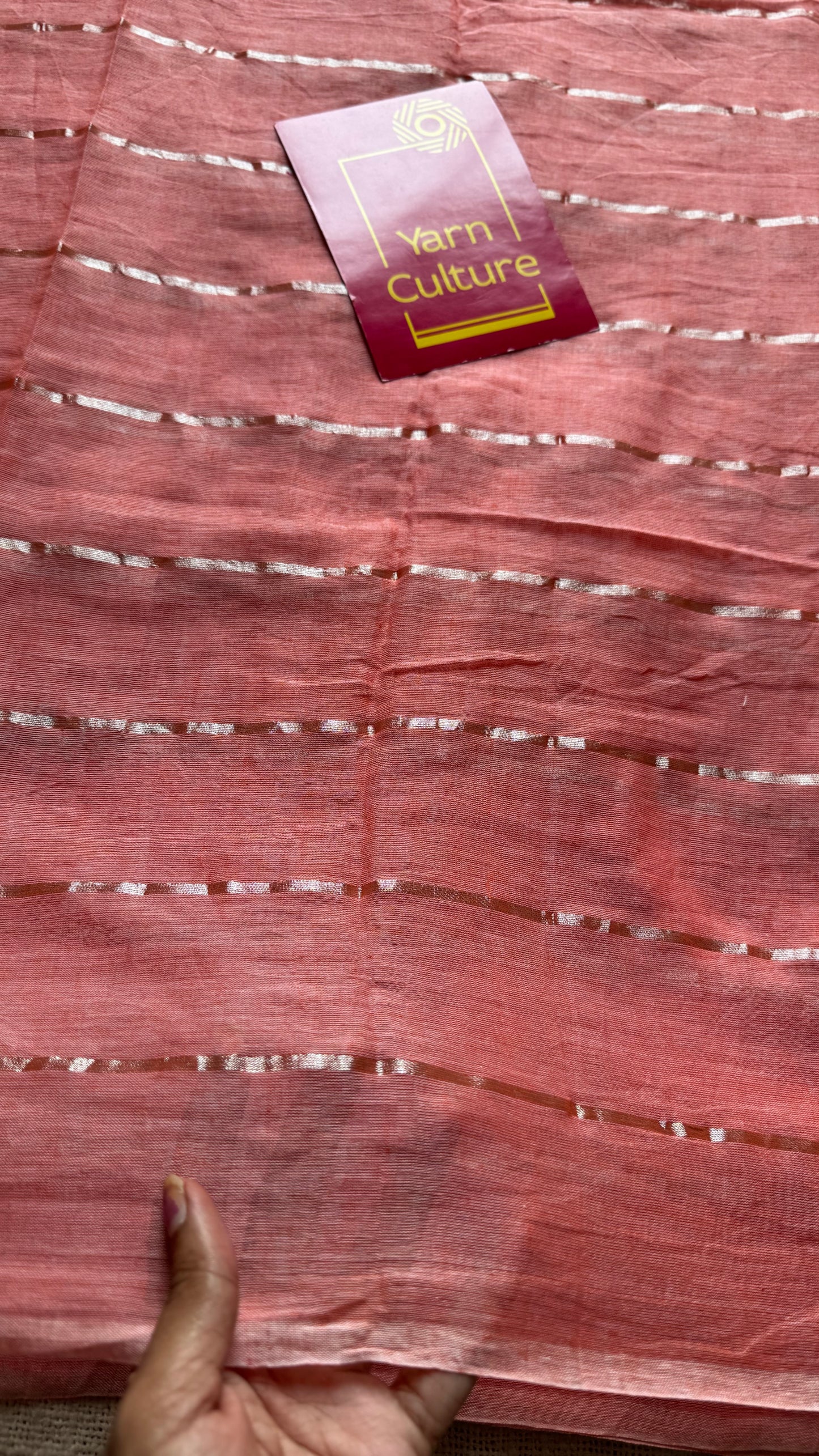 Peach Melt - pastel peach with silver zari stripes, mul cotton - YCBCJULMS08