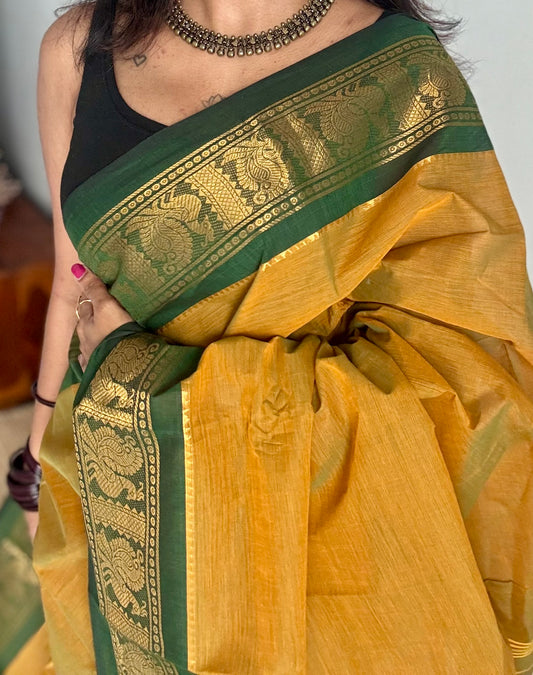 Brownish yellow with green contrast border, chettinad cotton - YCCOTNOCCC01