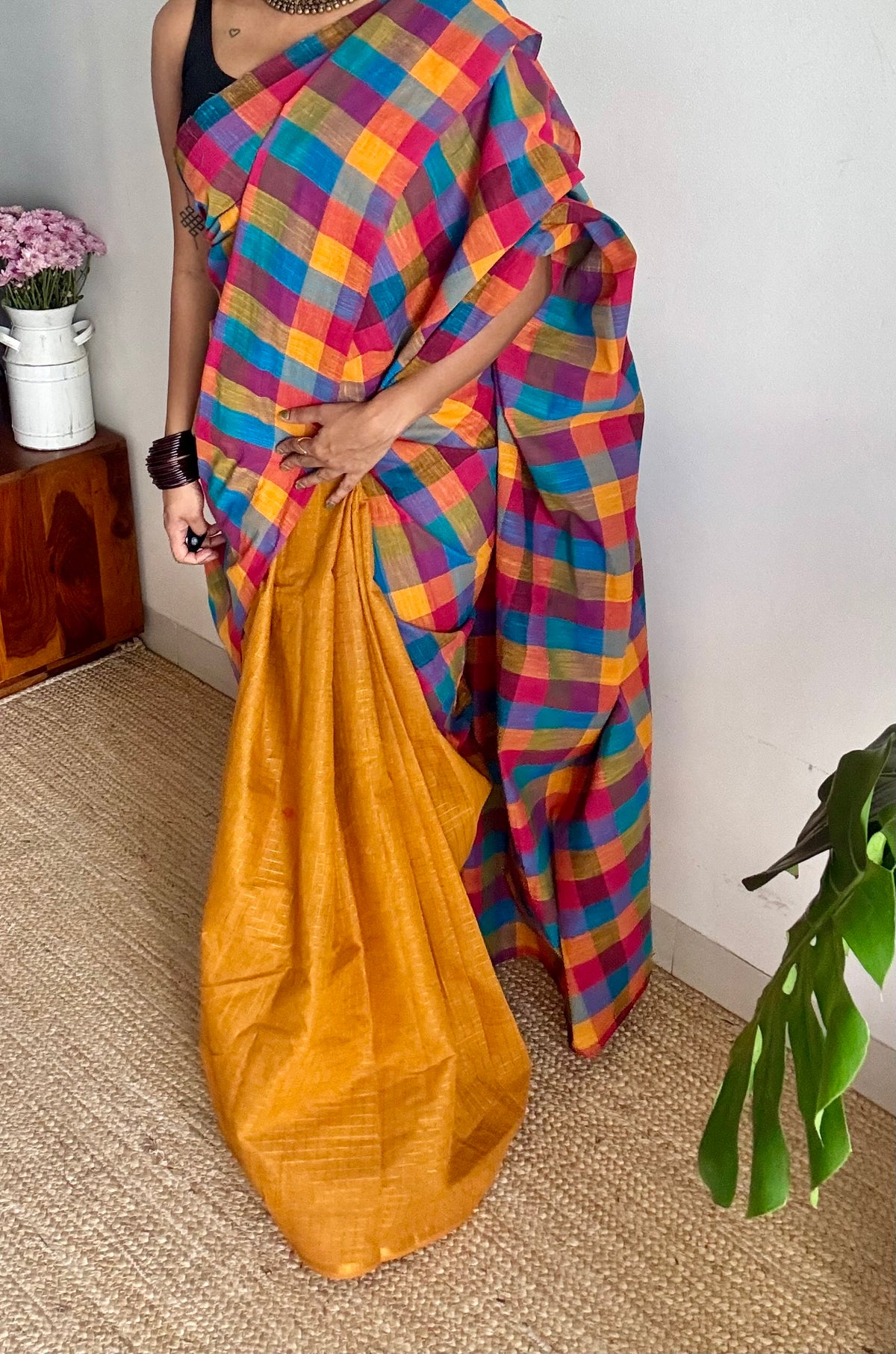 Turmeric yellow mini checks with multicoloured madras checks, cotton half and half saree - YCCOTNIDOC164