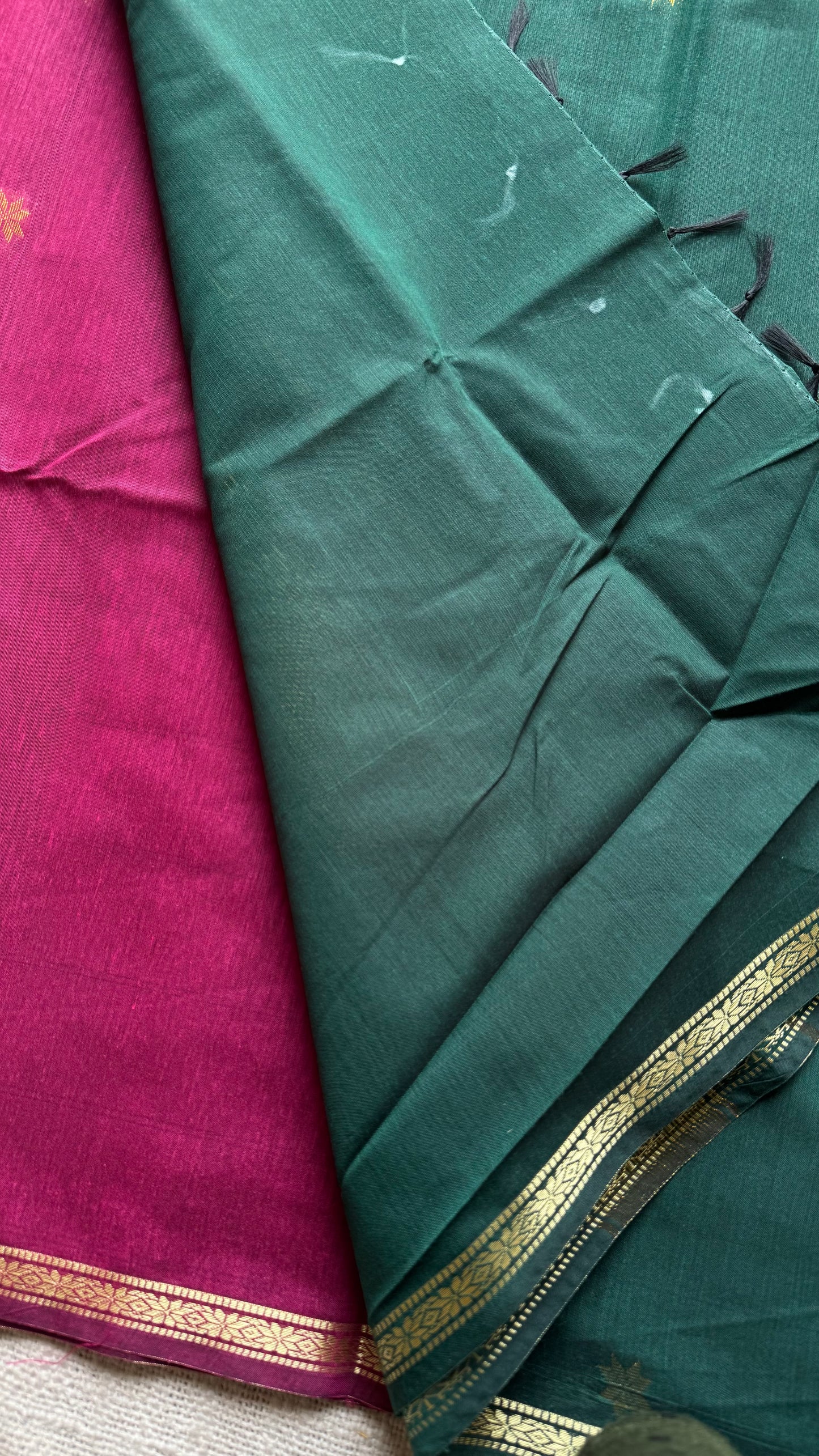 Berry pink with green, gold buttas, semi maheshwari cotton silk - YCCOTNFEJUSM04