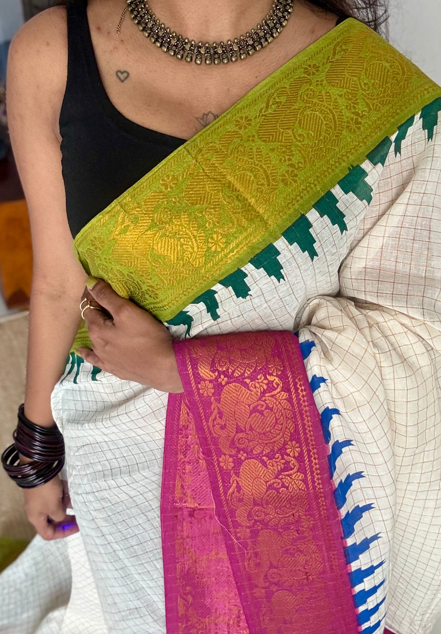 Sungudi cotton checks, ivory gold base, green and magenta dual tone border, soft cotton - YCCOTNSEMS60